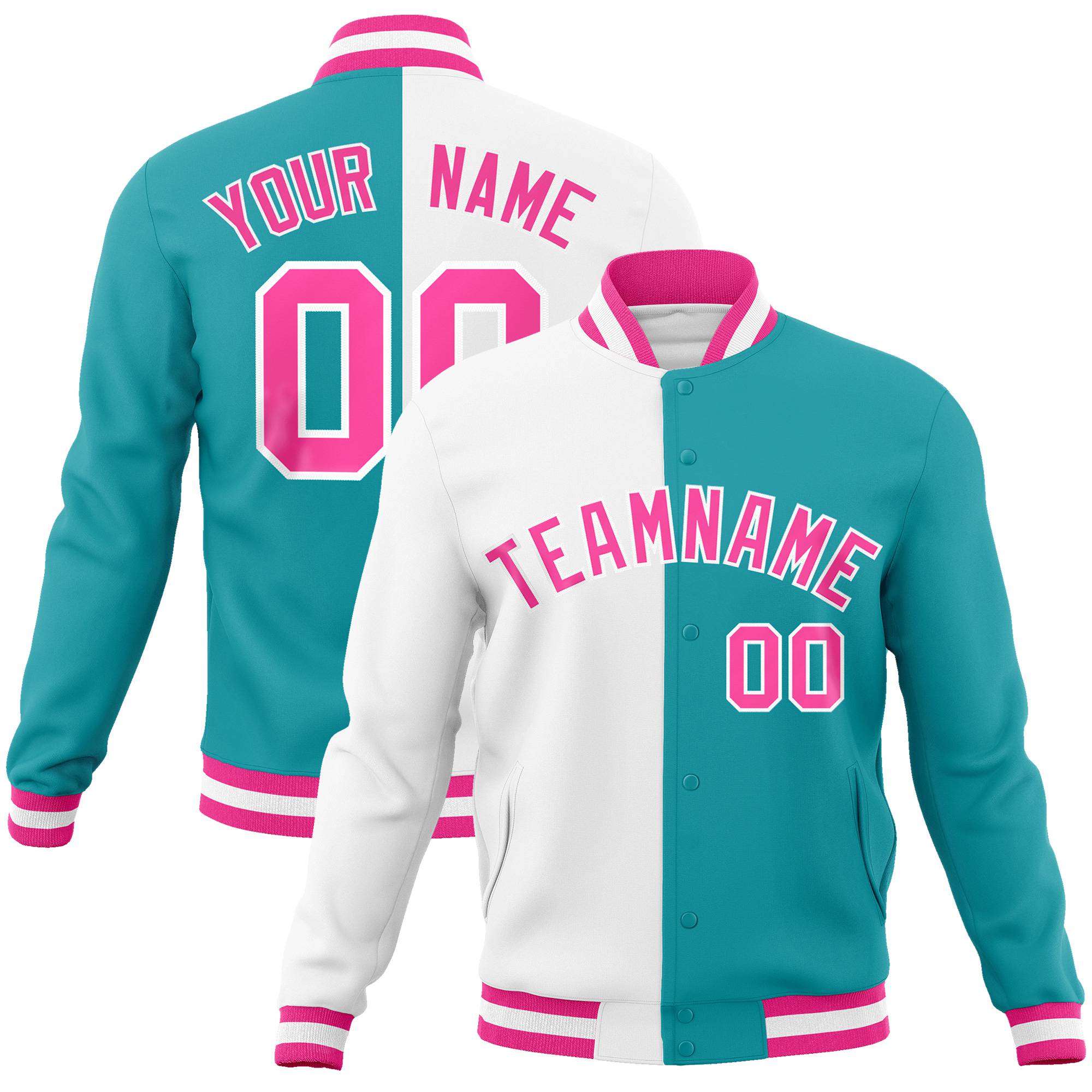 Custom White Aqua Pink Bomber Full-Snap Varsity Letterman Split Fashion Jacket