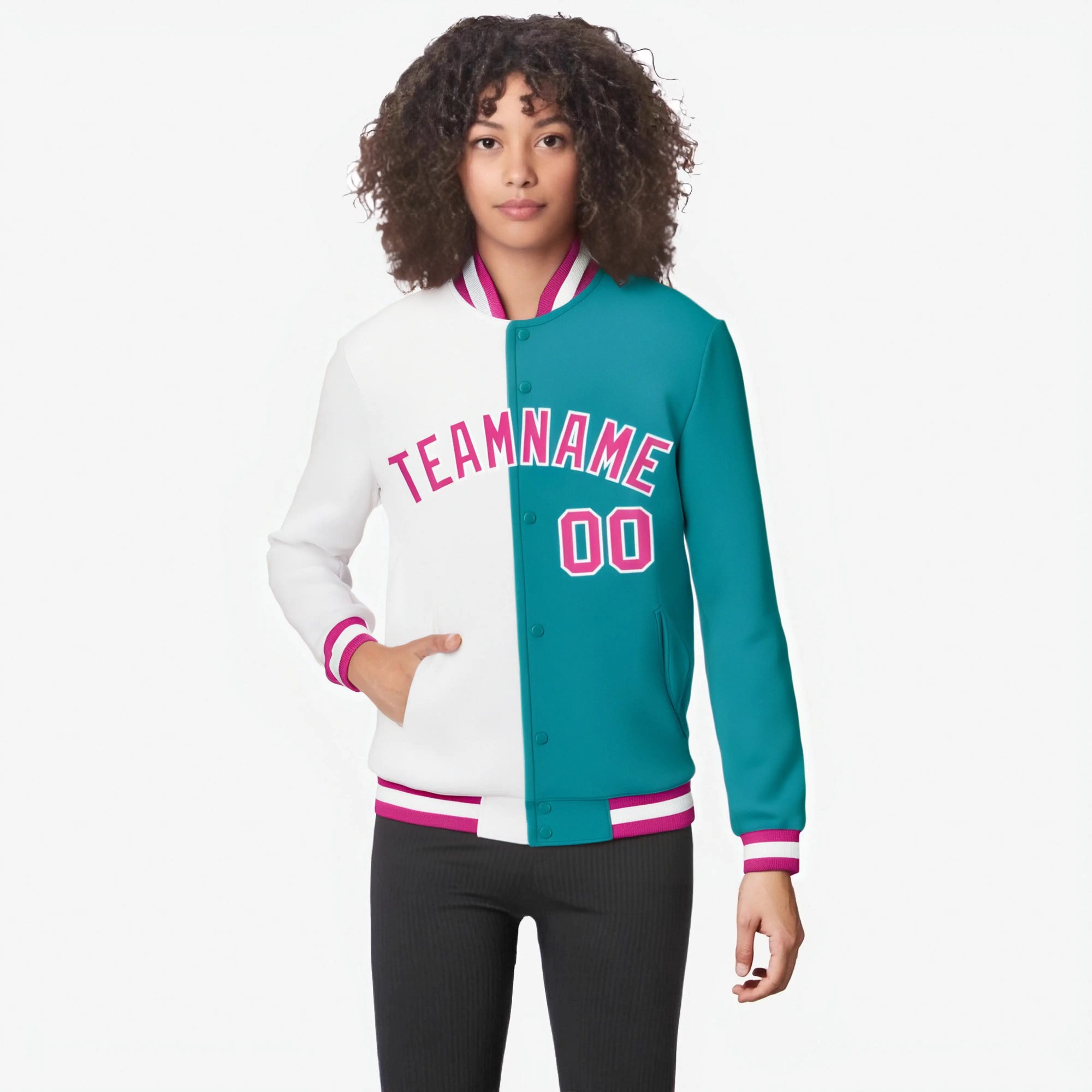 Custom White Aqua Pink Bomber Full-Snap Varsity Letterman Split Fashion Jacket