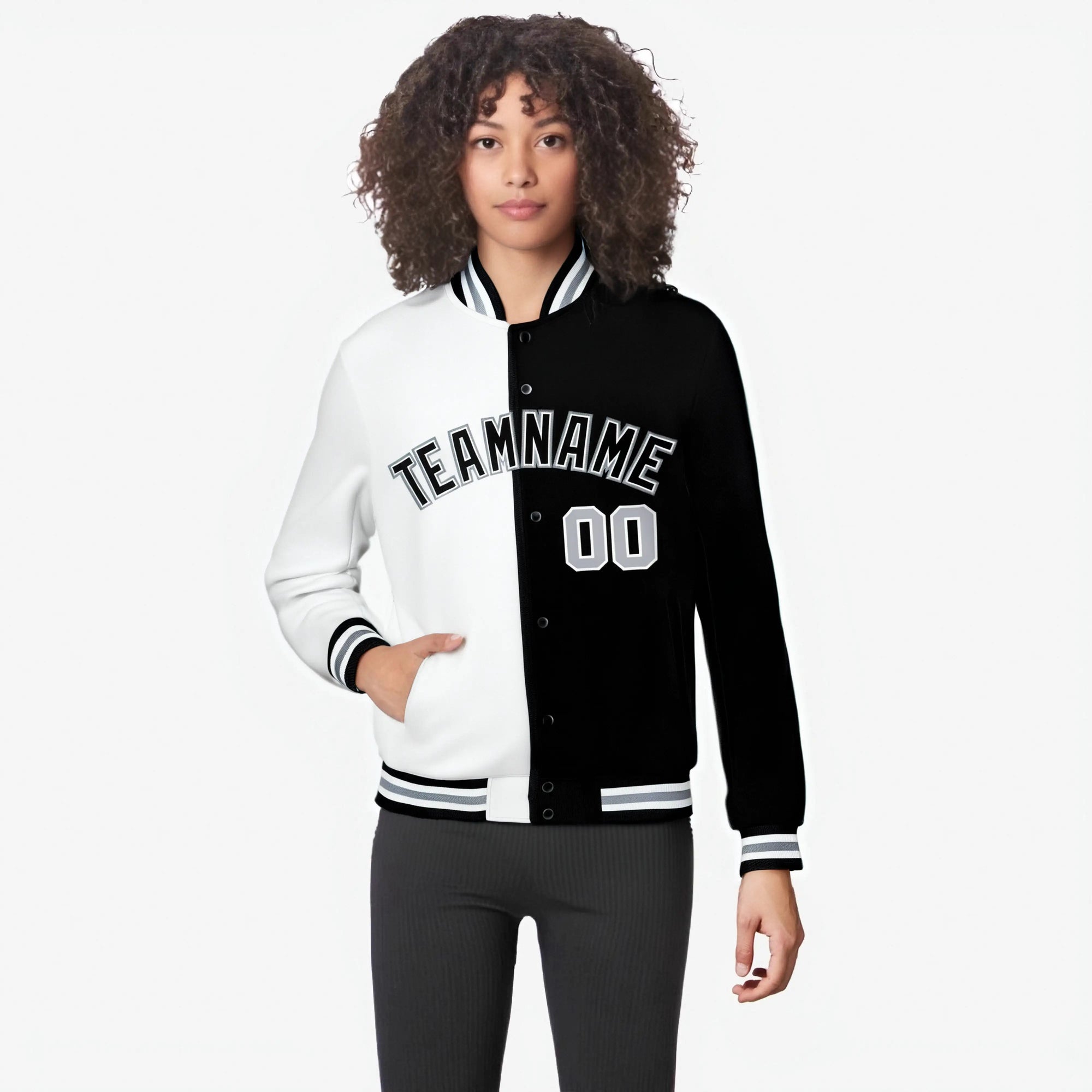 Custom White Black Gray Bomber Full-Snap Varsity Letterman Split Fashion Jacket