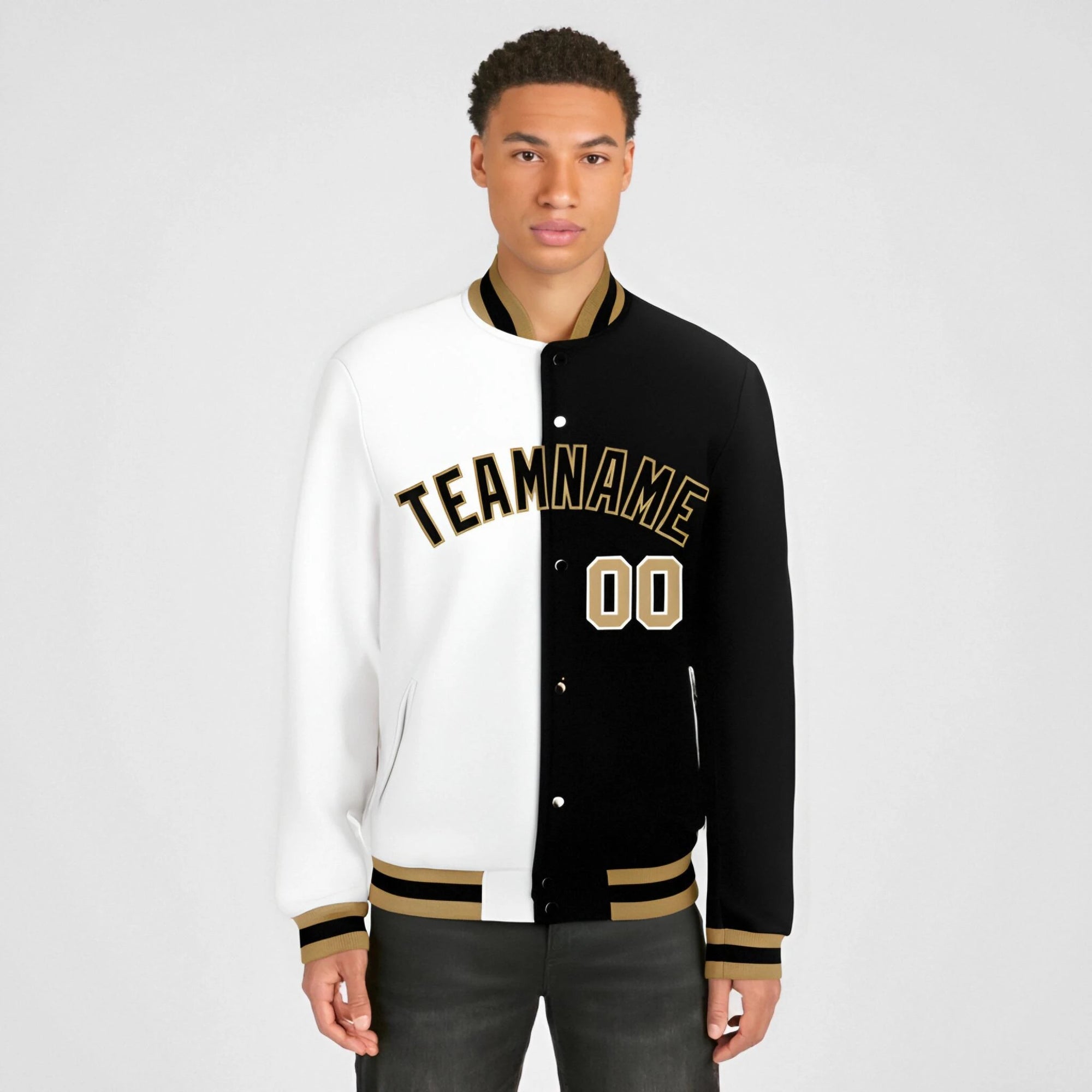 Custom White Black Old-Gold Bomber Full-Snap Varsity Letterman Split Fashion Jacket