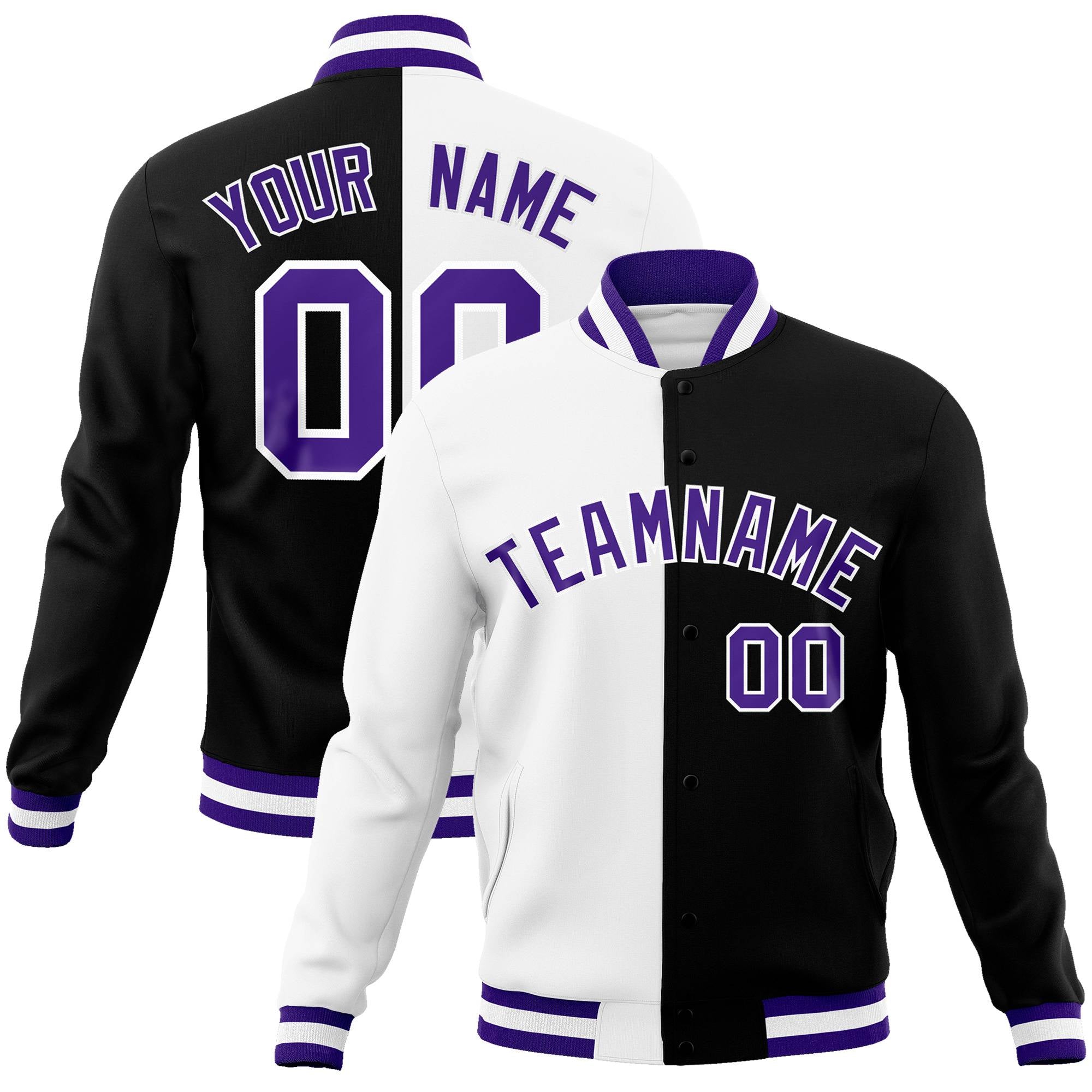 Custom White Black Purple Bomber Full-Snap Varsity Letterman Split Fashion Jacket