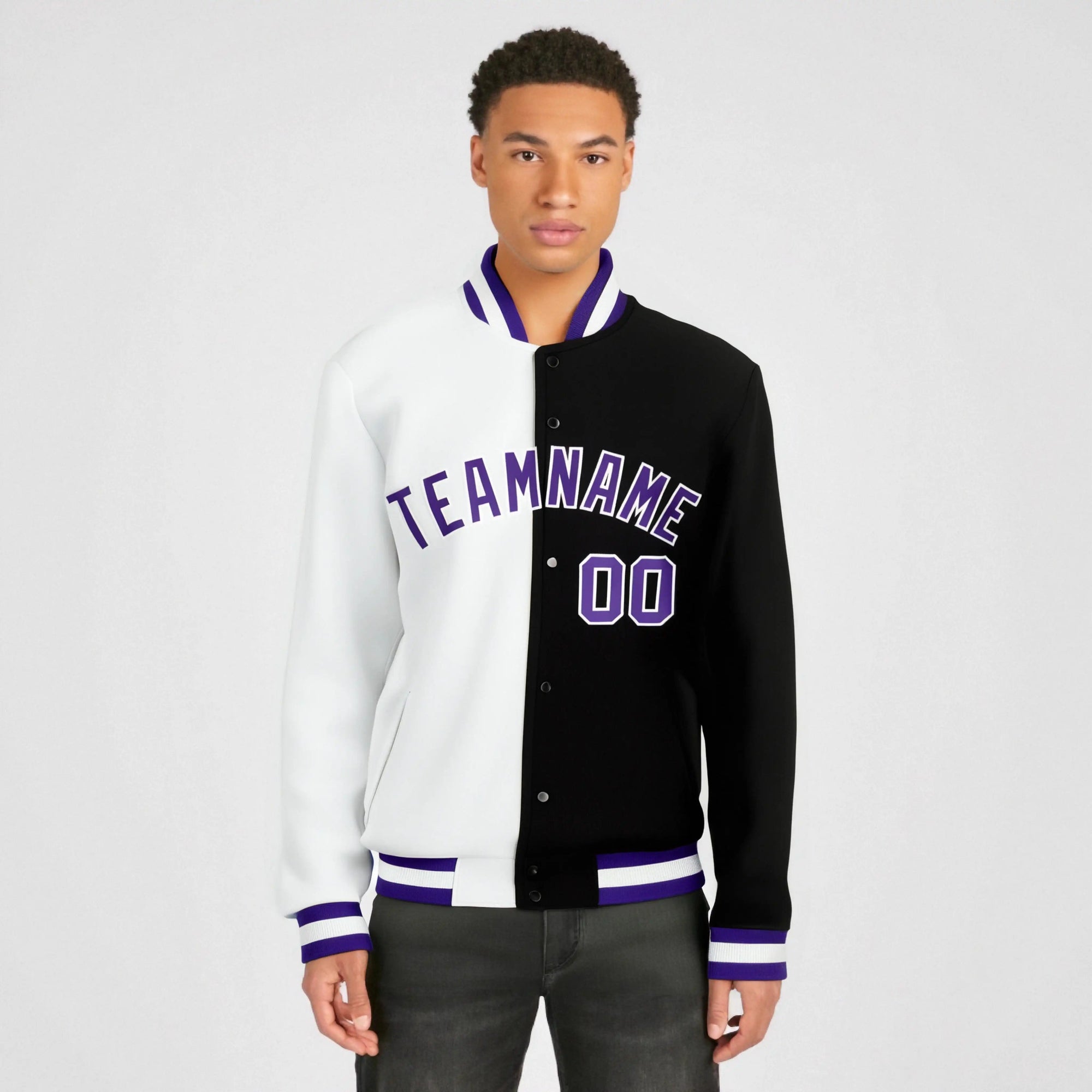 Custom White Black Purple Bomber Full-Snap Varsity Letterman Split Fashion Jacket