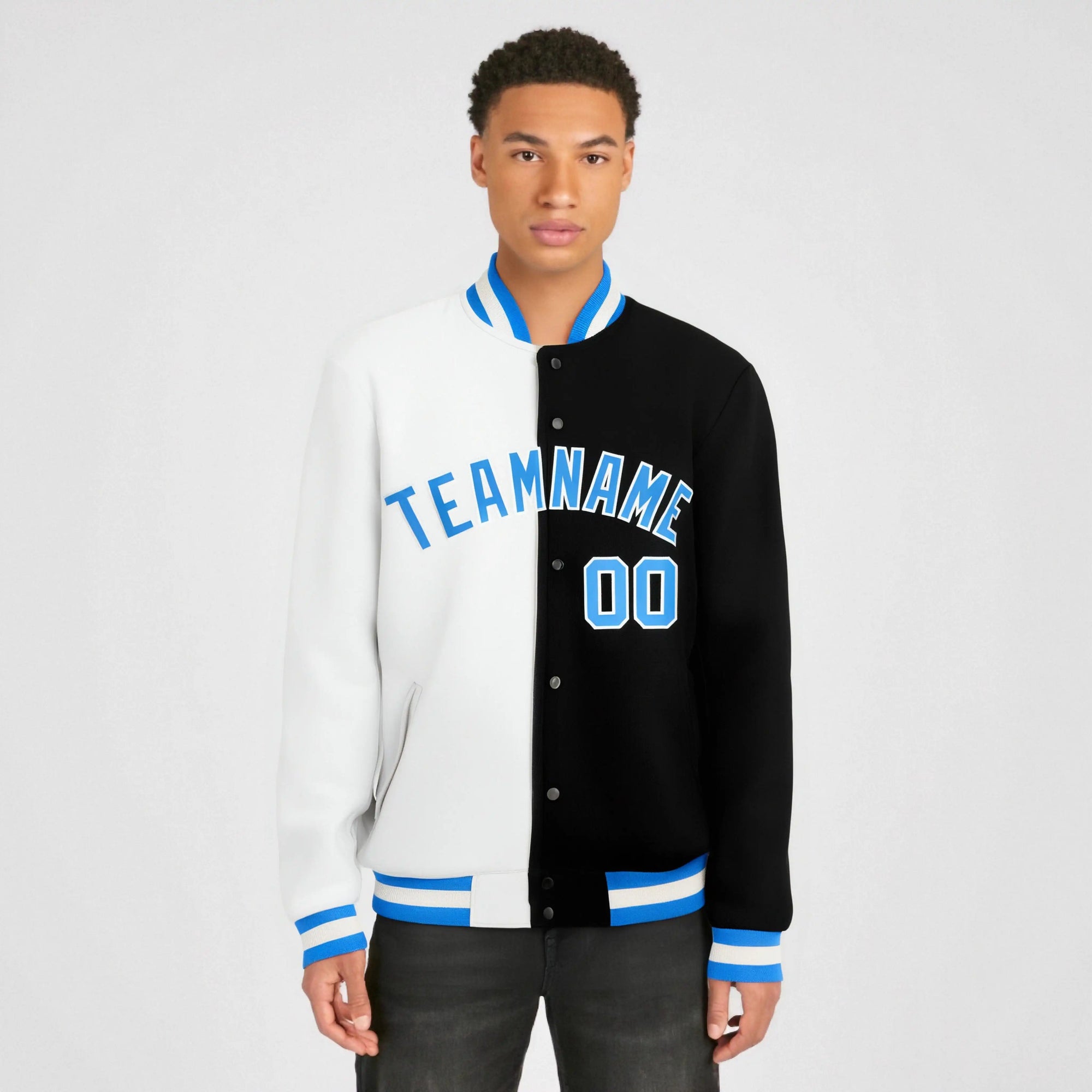 Custom White Black Light-Blue Bomber Full-Snap Varsity Letterman Split Fashion Jacket