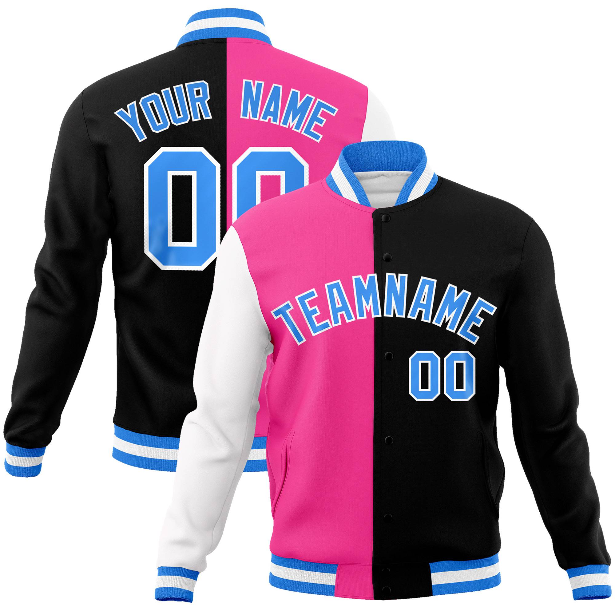 Custom Pink Black Light-Blue Bomber Full-Snap Varsity Letterman Split Fashion Jacket