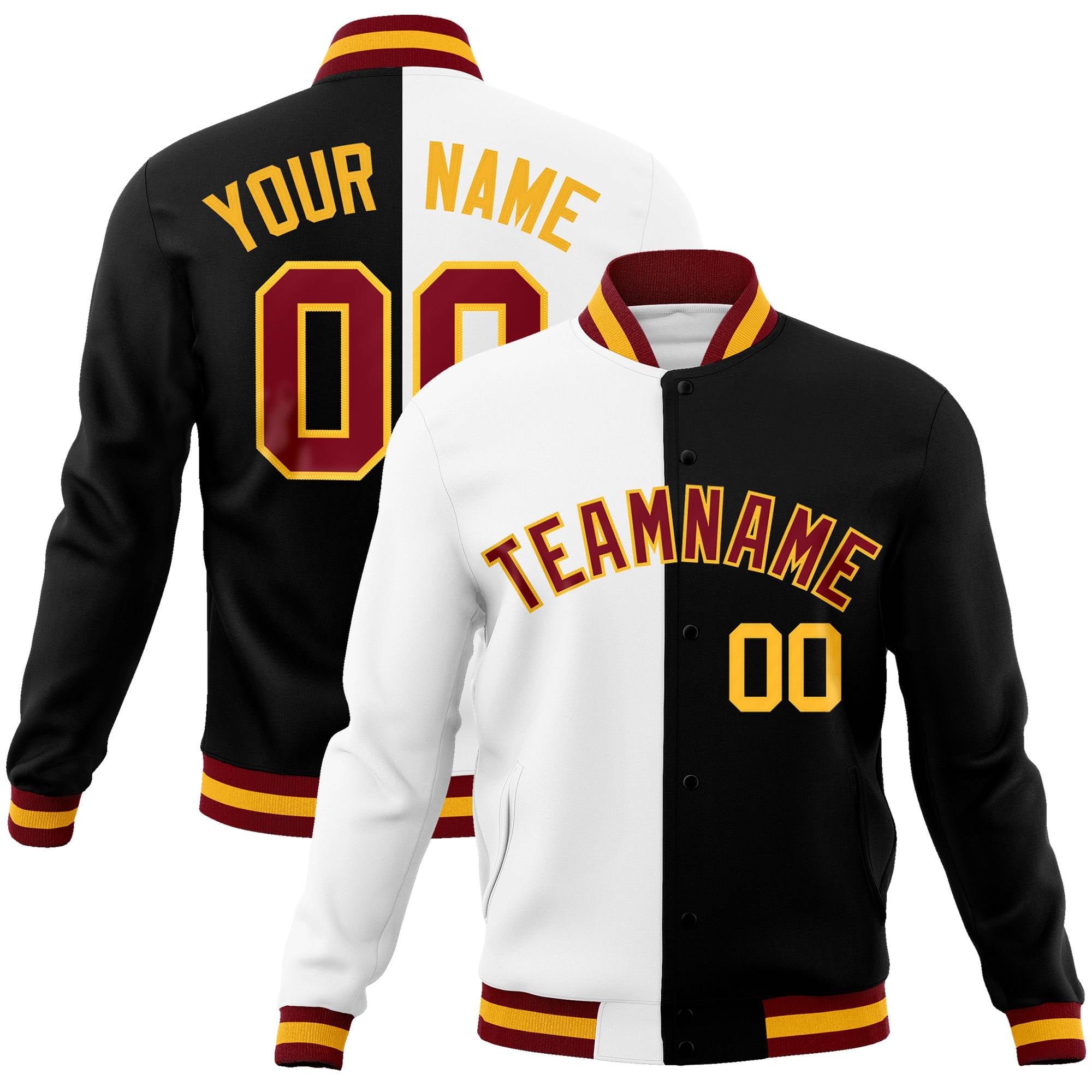 Custom White Black Burgundy-Gold Bomber Full-Snap Varsity Letterman Split Fashion Jacket