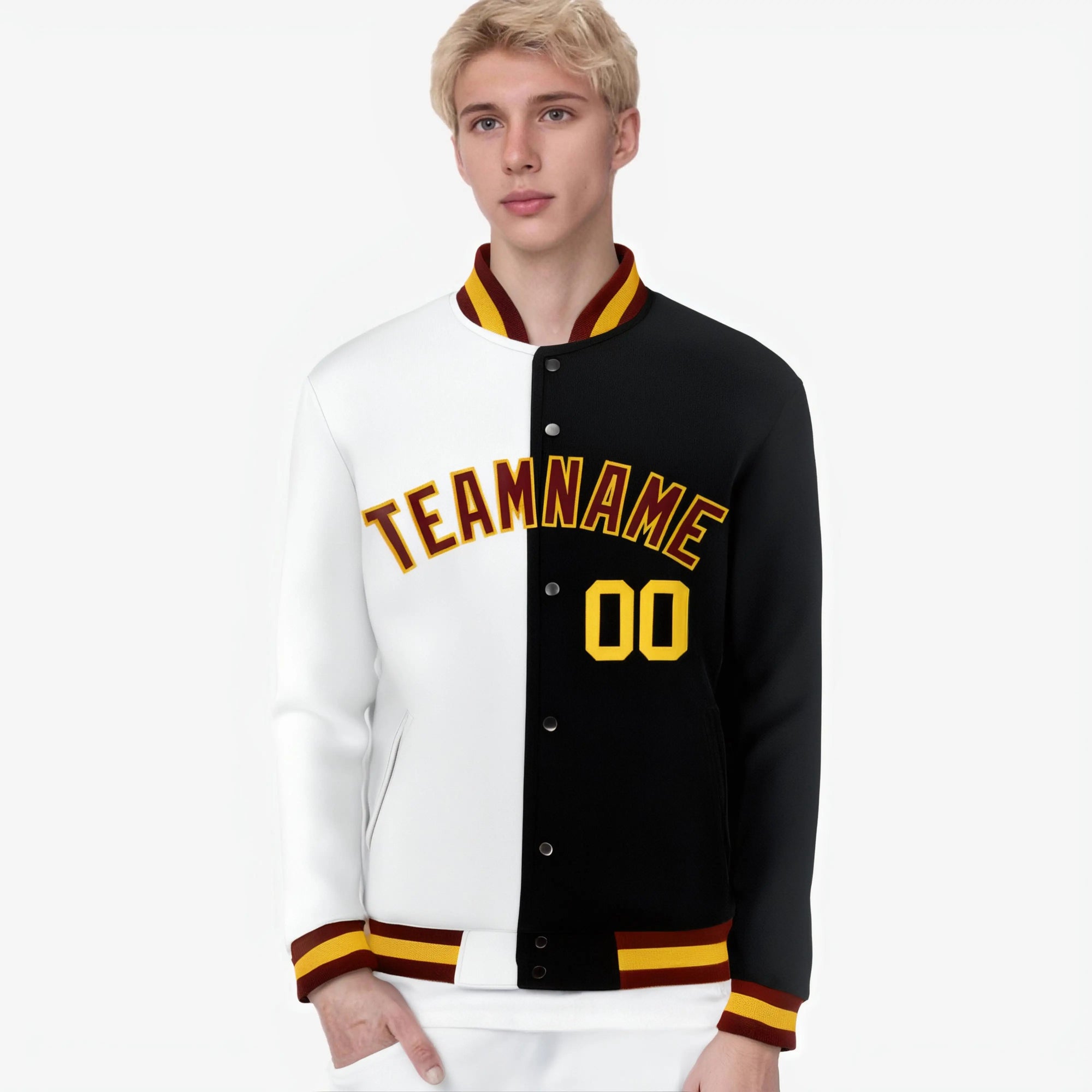 Custom White Black Burgundy-Gold Bomber Full-Snap Varsity Letterman Split Fashion Jacket