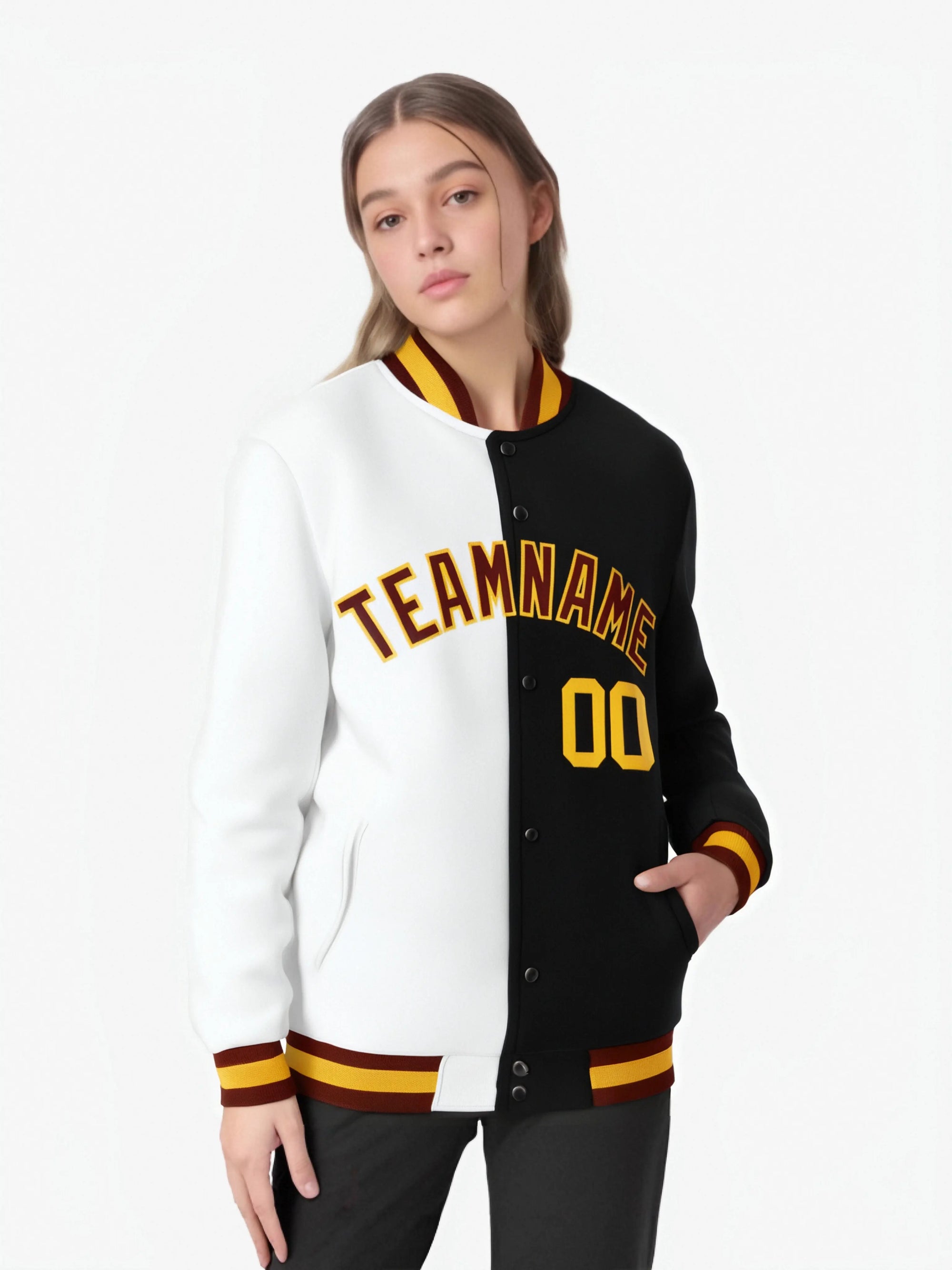 Custom White Black Burgundy-Gold Bomber Full-Snap Varsity Letterman Split Fashion Jacket