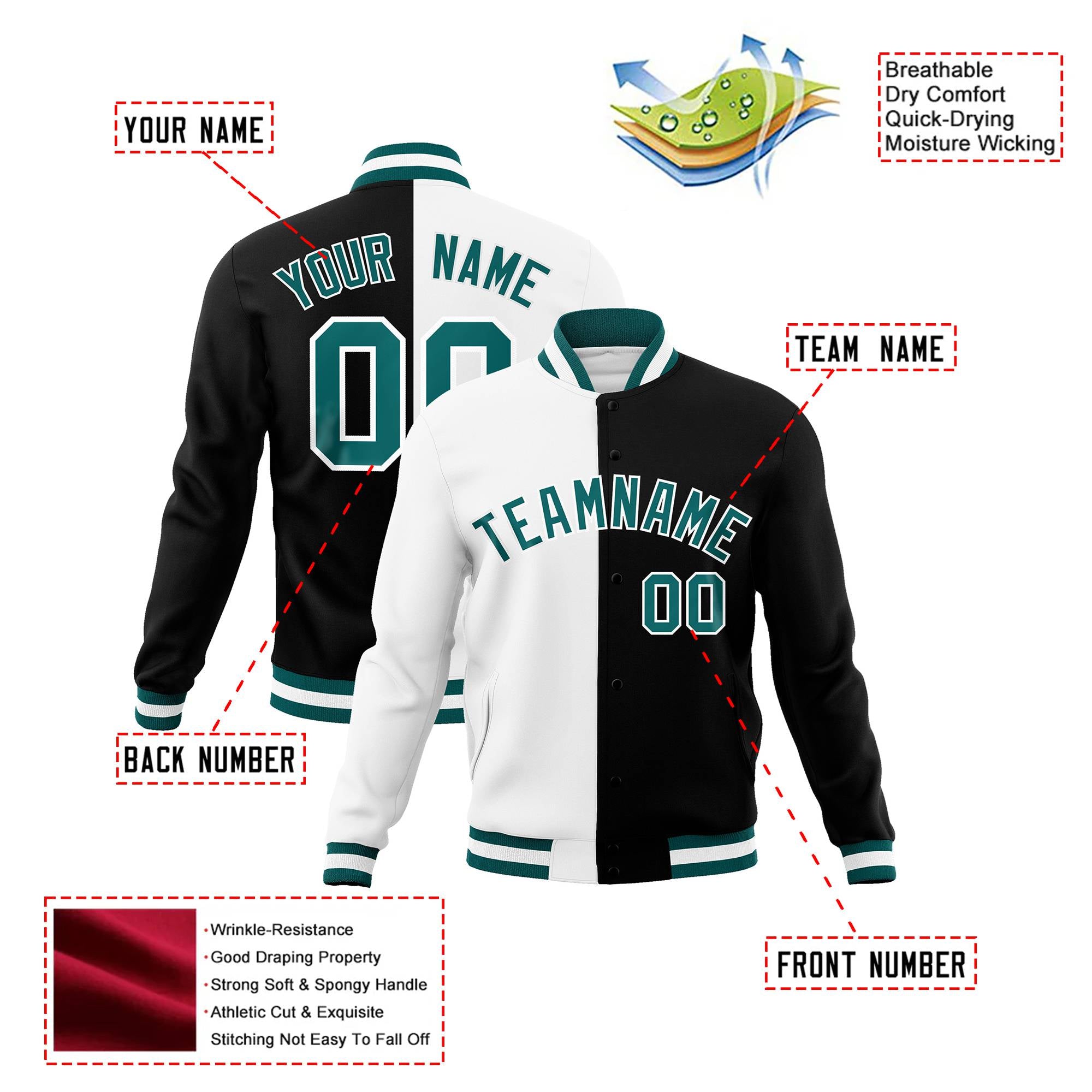 Custom White Black Aqua Bomber Full-Snap Varsity Letterman Split Fashion Jacket