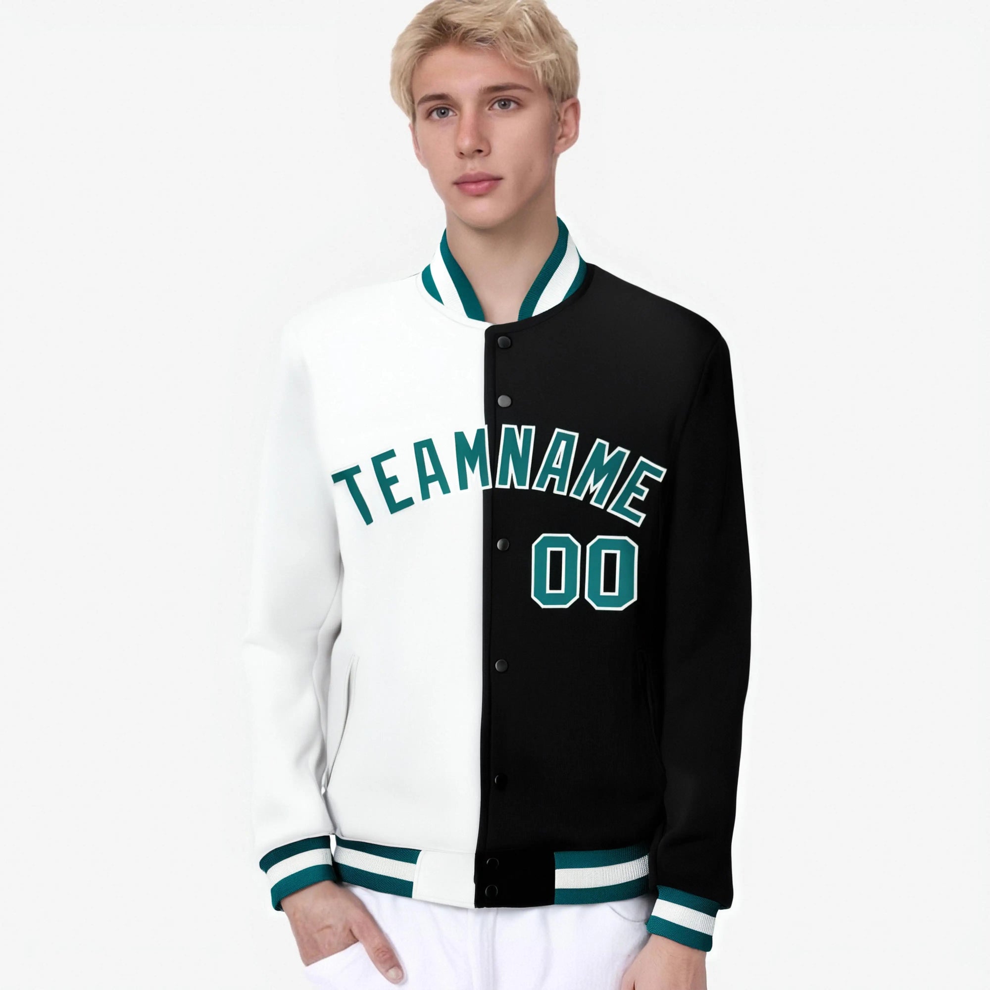 Custom White Black Aqua Bomber Full-Snap Varsity Letterman Split Fashion Jacket