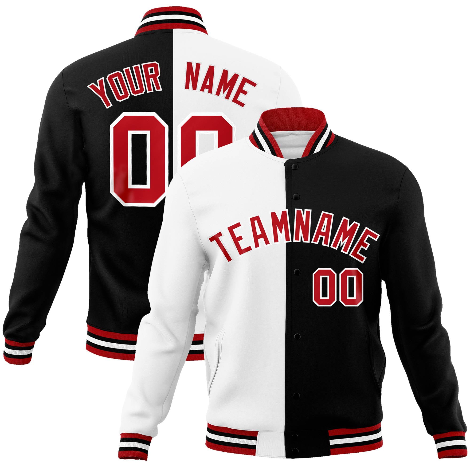 Custom White Black Red Bomber Full-Snap Varsity Letterman Split Fashion Jacket