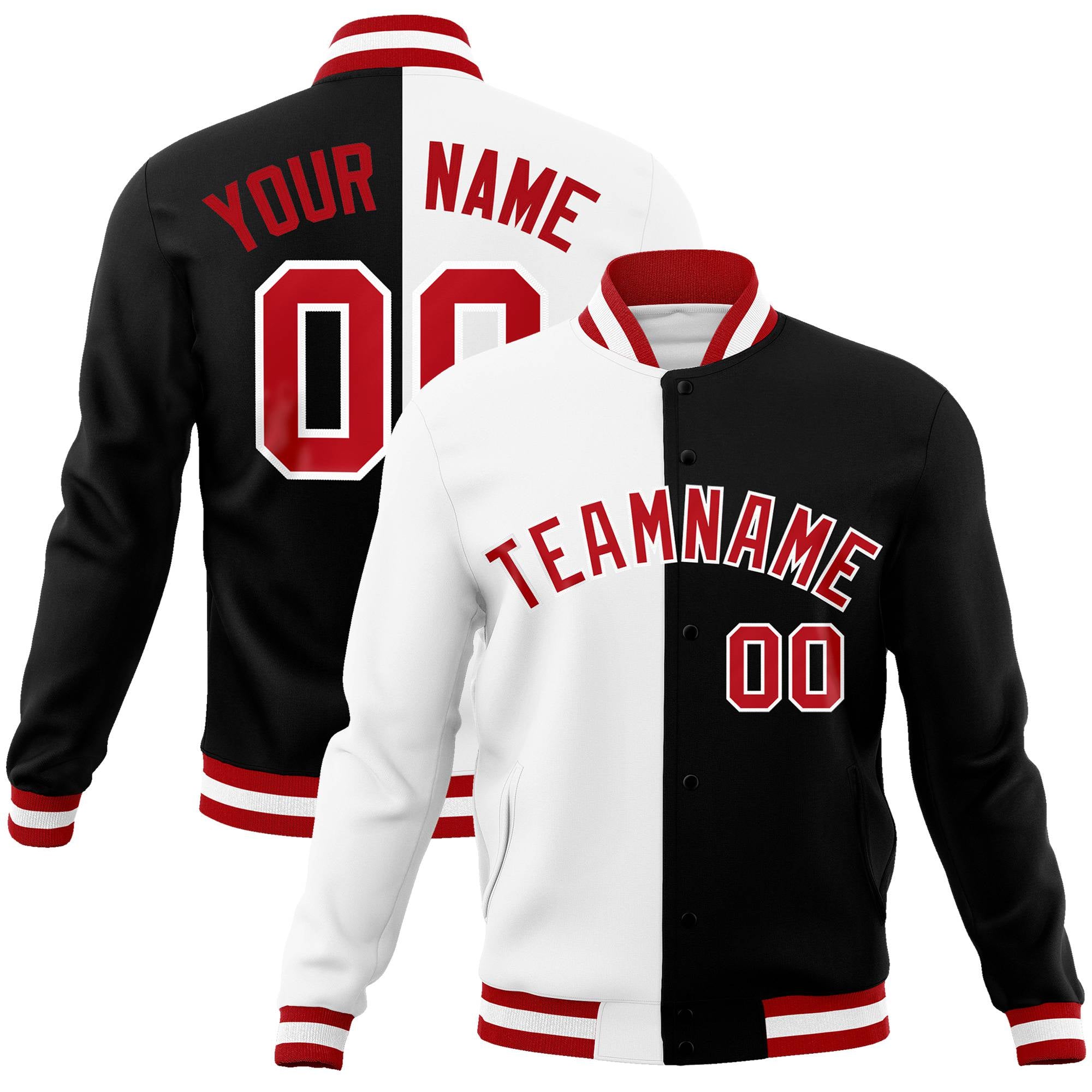 Custom White Black Red Bomber Full-Snap Varsity Letterman Split Fashion Jacket