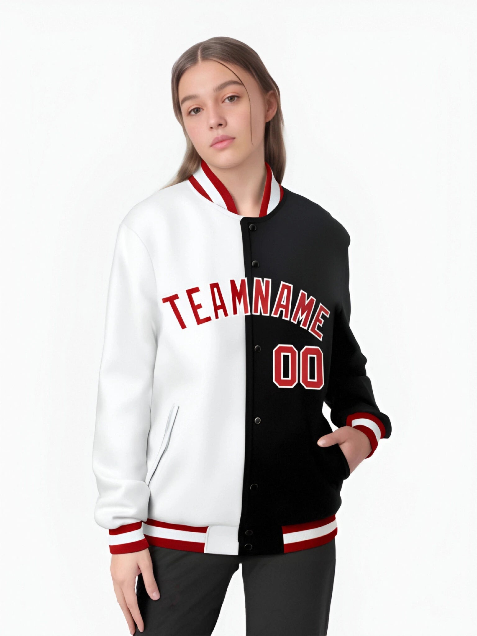 Custom White Black Red Bomber Full-Snap Varsity Letterman Split Fashion Jacket