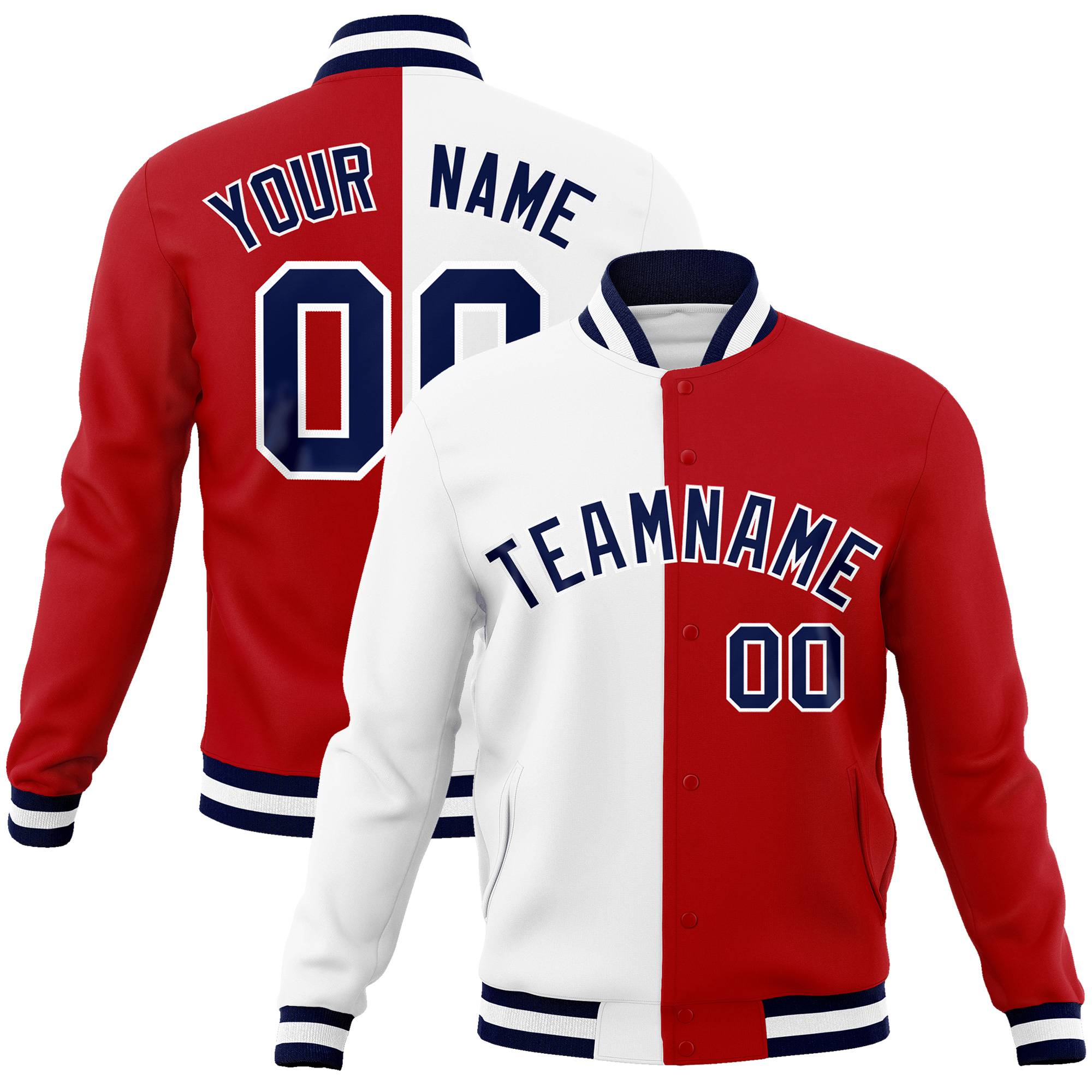 Custom White Red Purple Bomber Full-Snap Varsity Letterman Split Fashion Jacket