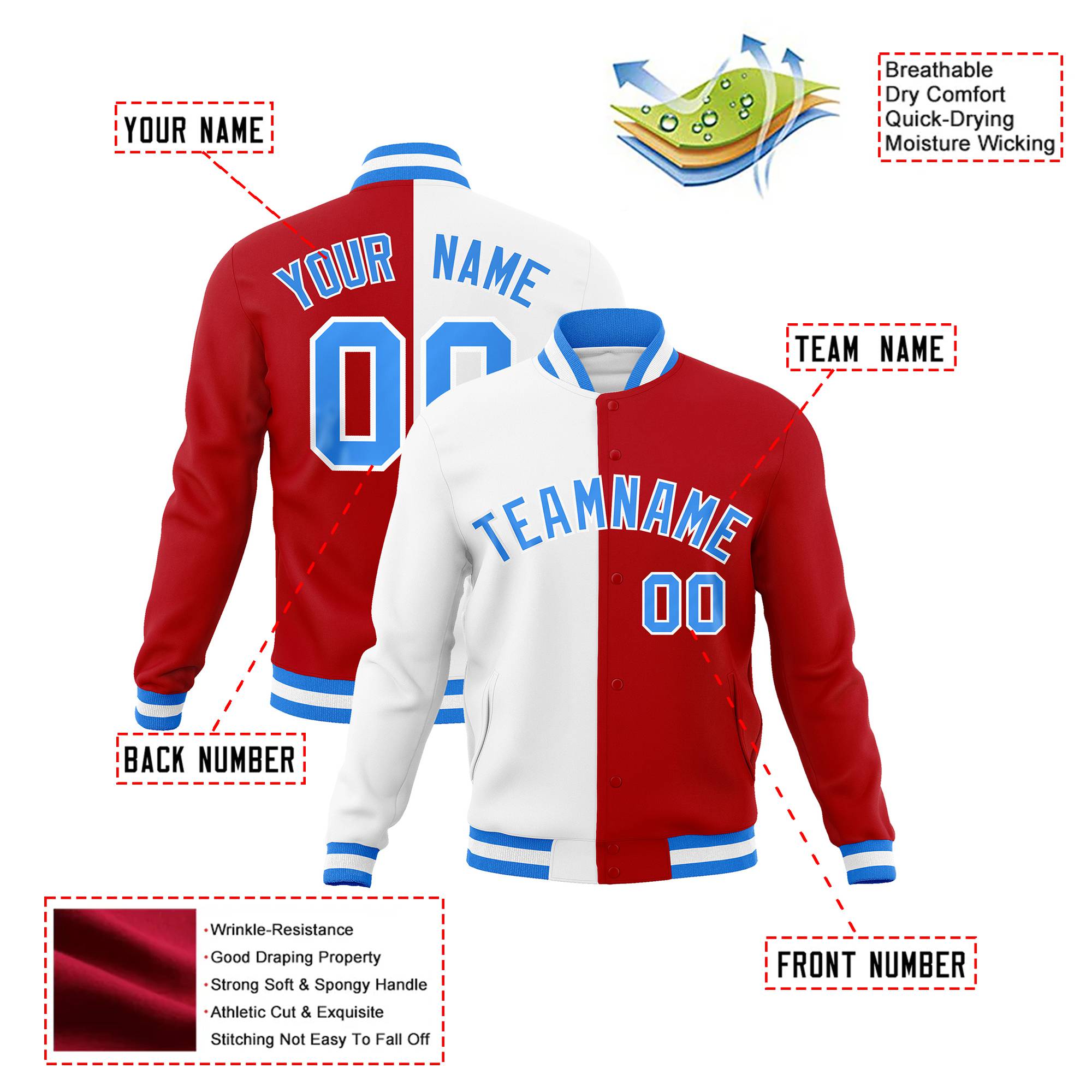 Custom White Red Light-Blue Bomber Full-Snap Varsity Letterman Split Fashion Jacket