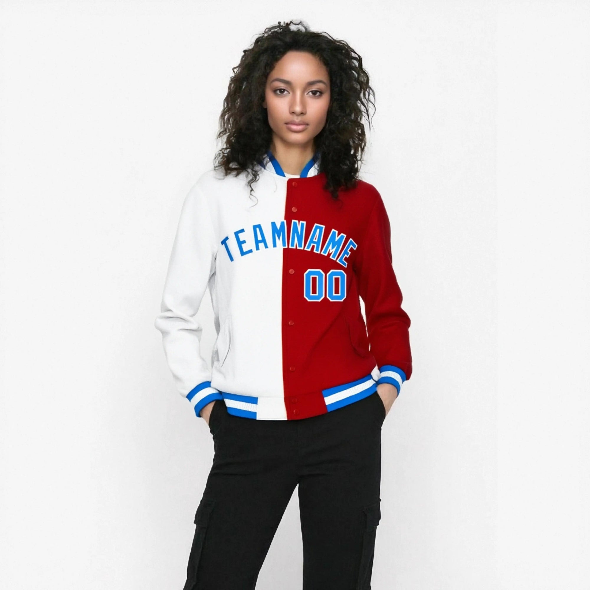 Custom White Red Light-Blue Bomber Full-Snap Varsity Letterman Split Fashion Jacket