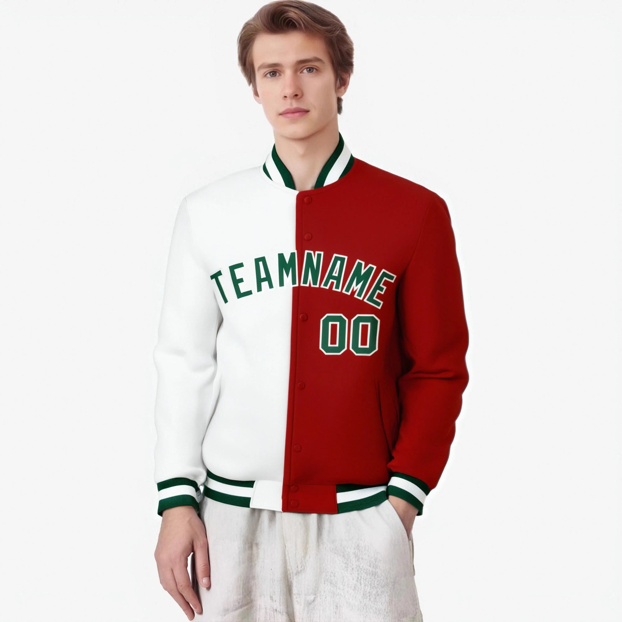 Custom White Red Kelly-Green Bomber Full-Snap Varsity Letterman Split Fashion Jacket