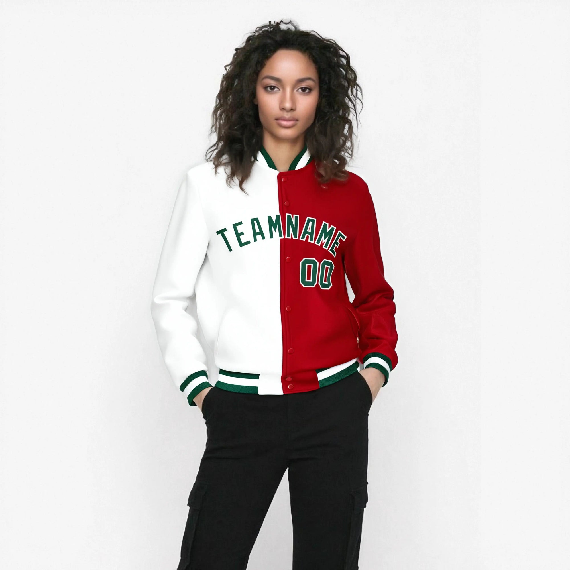 Custom White Red Kelly-Green Bomber Full-Snap Varsity Letterman Split Fashion Jacket