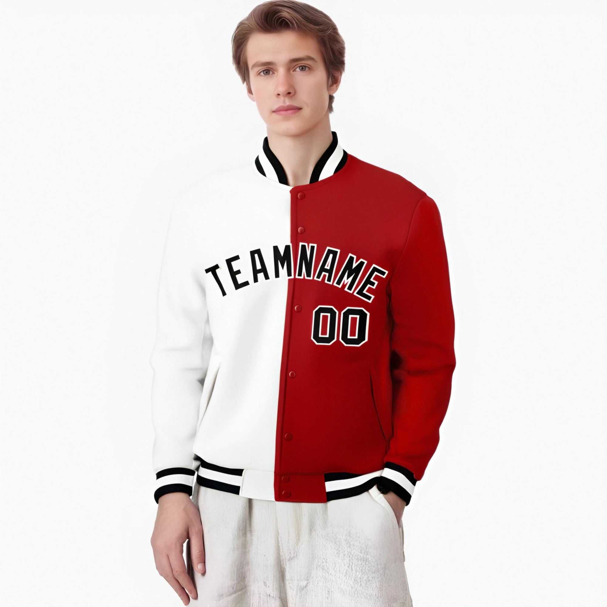 Custom White Red Black Bomber Full-Snap Varsity Letterman Split Fashion Jacket