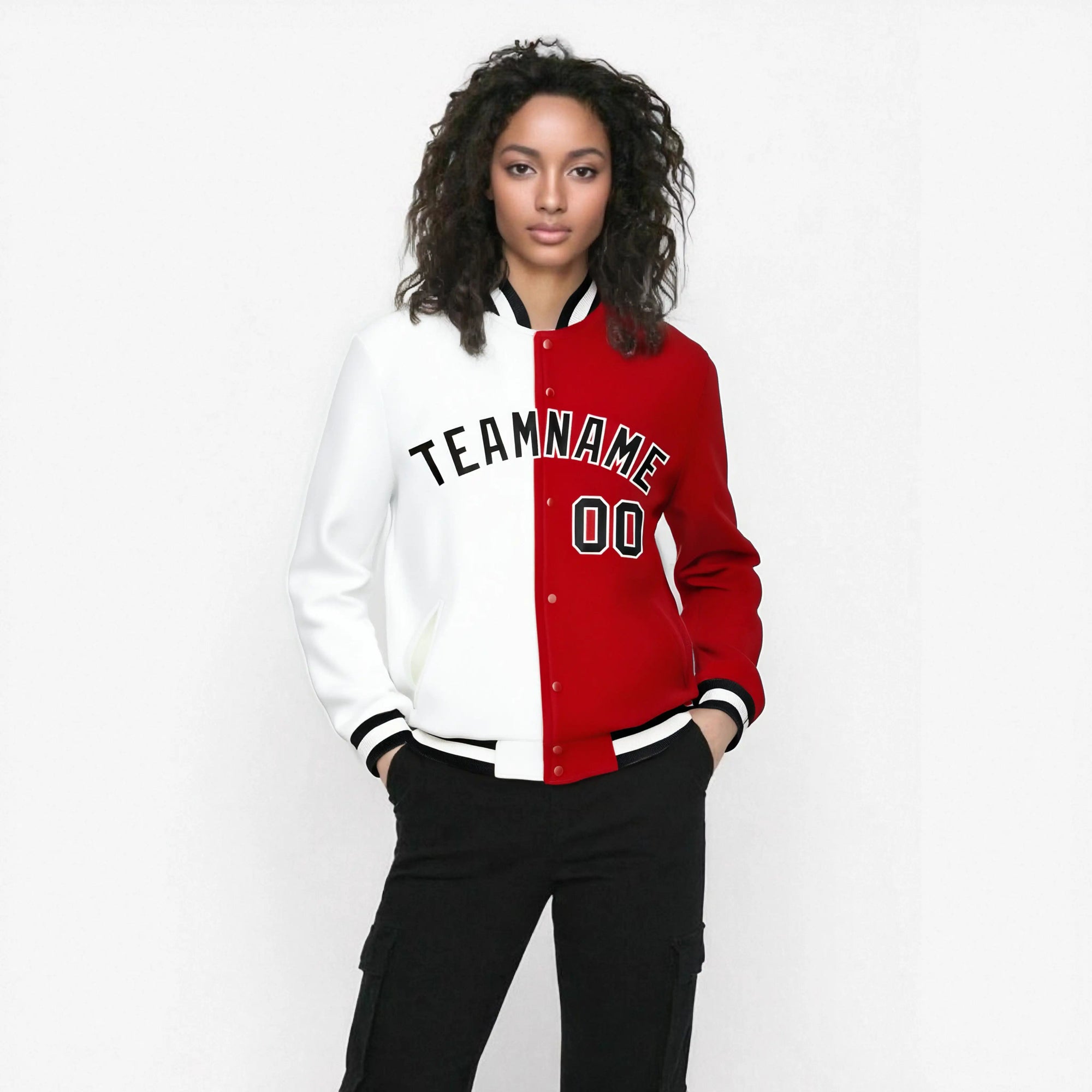 Custom White Red Black Bomber Full-Snap Varsity Letterman Split Fashion Jacket