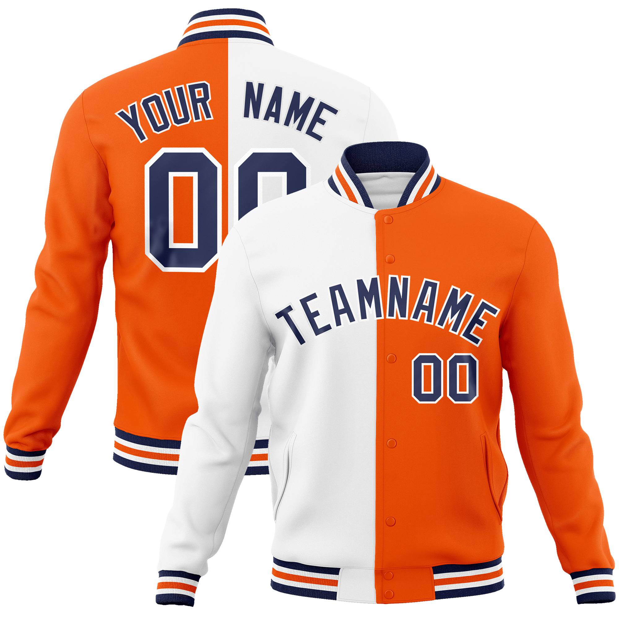 Custom White Orange Purple Bomber Full-Snap Varsity Letterman Split Fashion Jacket