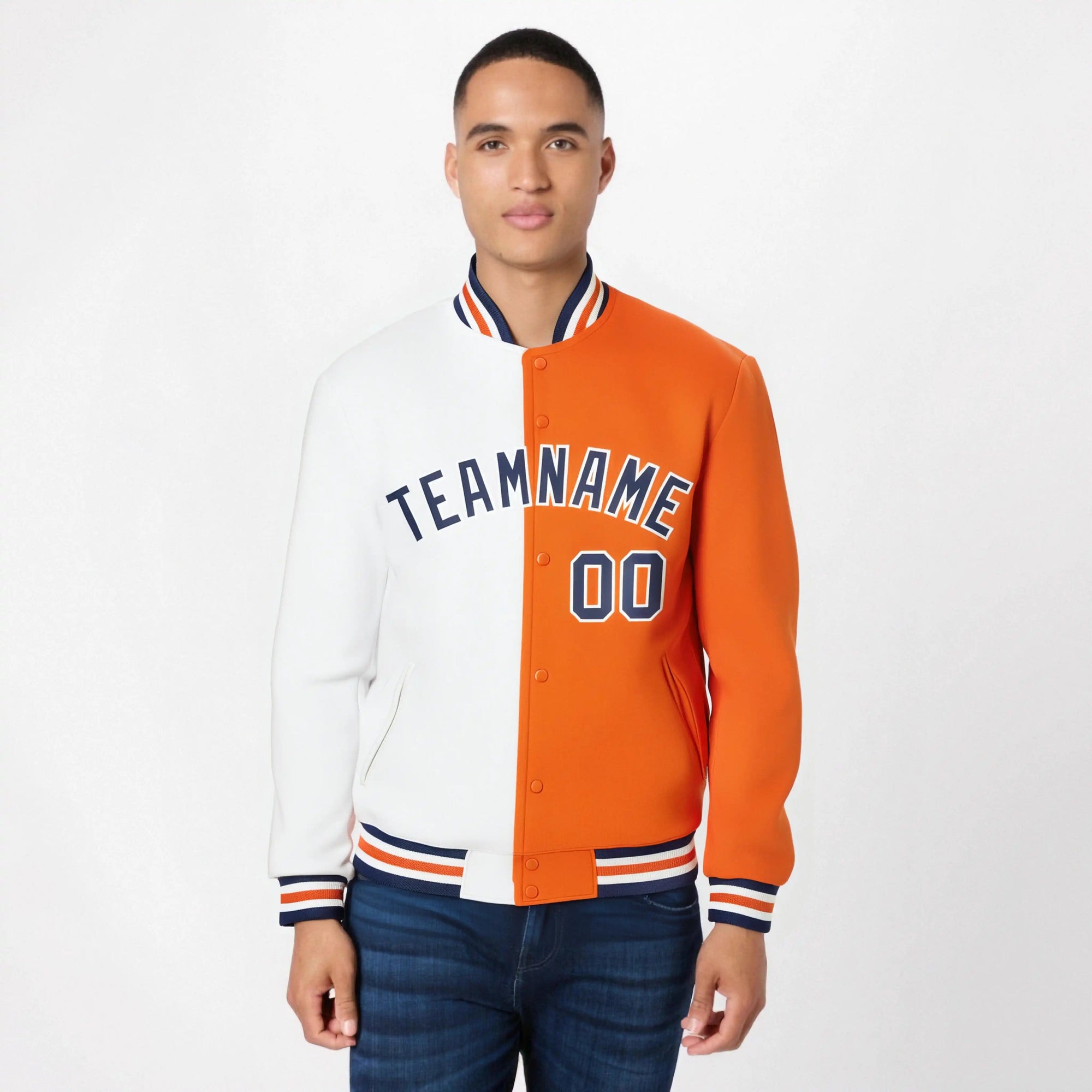 Custom White Orange Purple Bomber Full-Snap Varsity Letterman Split Fashion Jacket