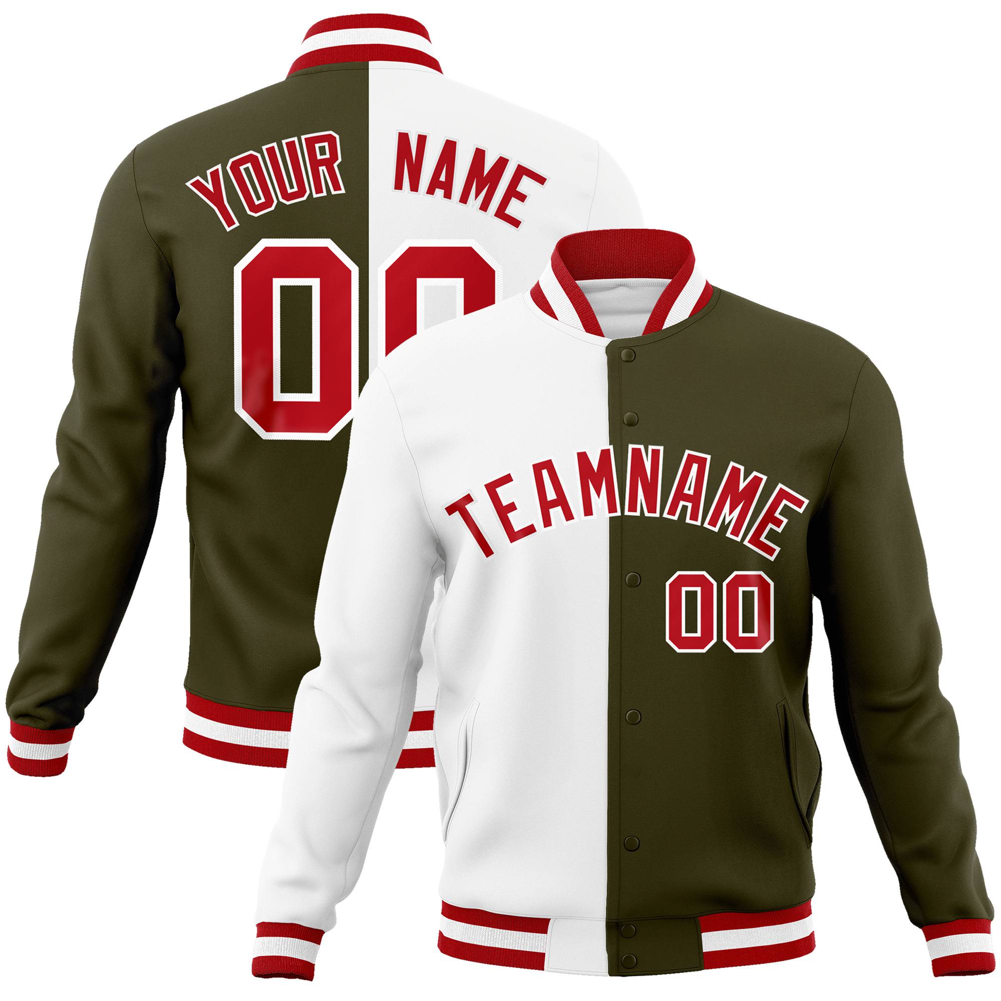 Custom White Olive Red Bomber Full-Snap Varsity Letterman Split Fashion Jacket