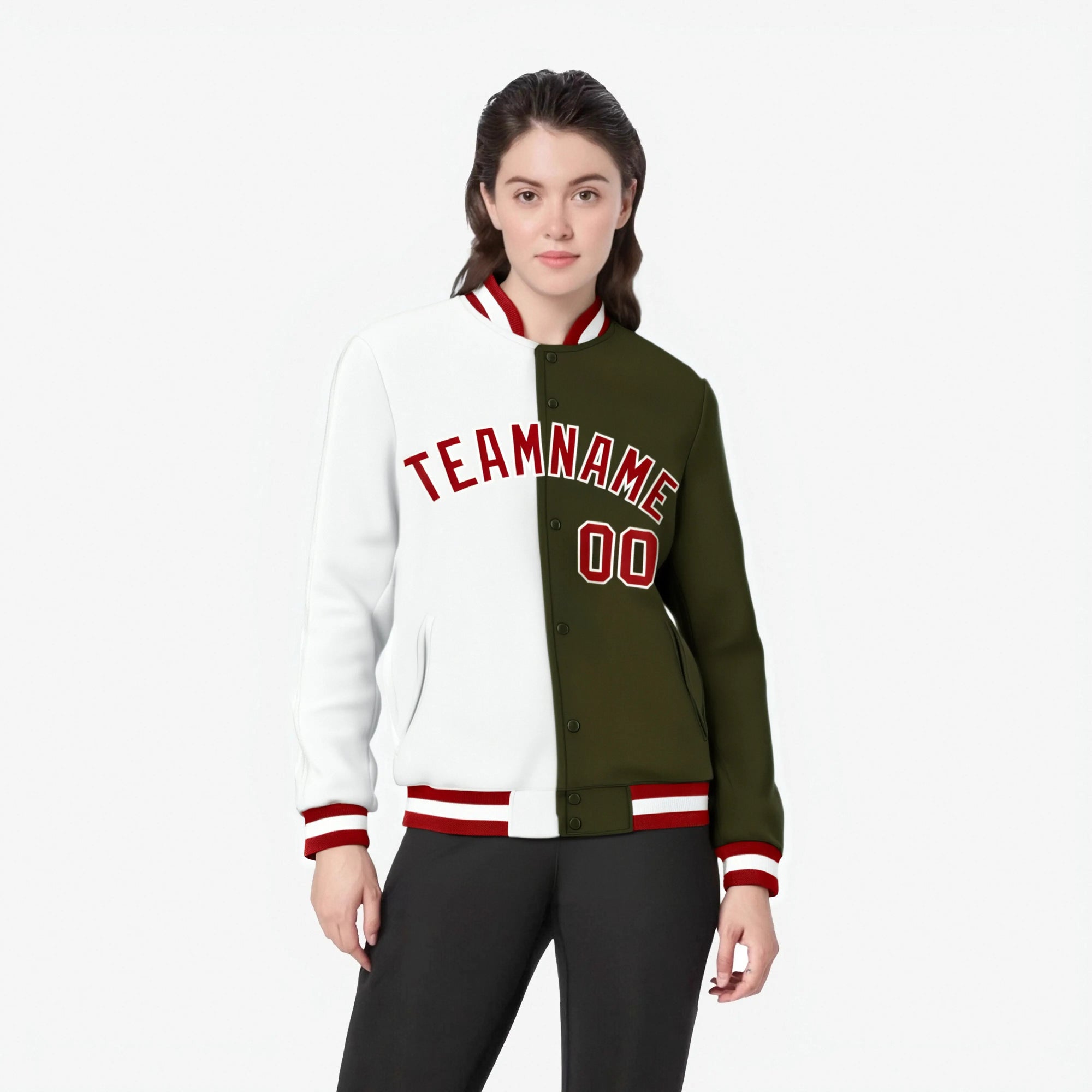 Custom White Olive Red Bomber Full-Snap Varsity Letterman Split Fashion Jacket