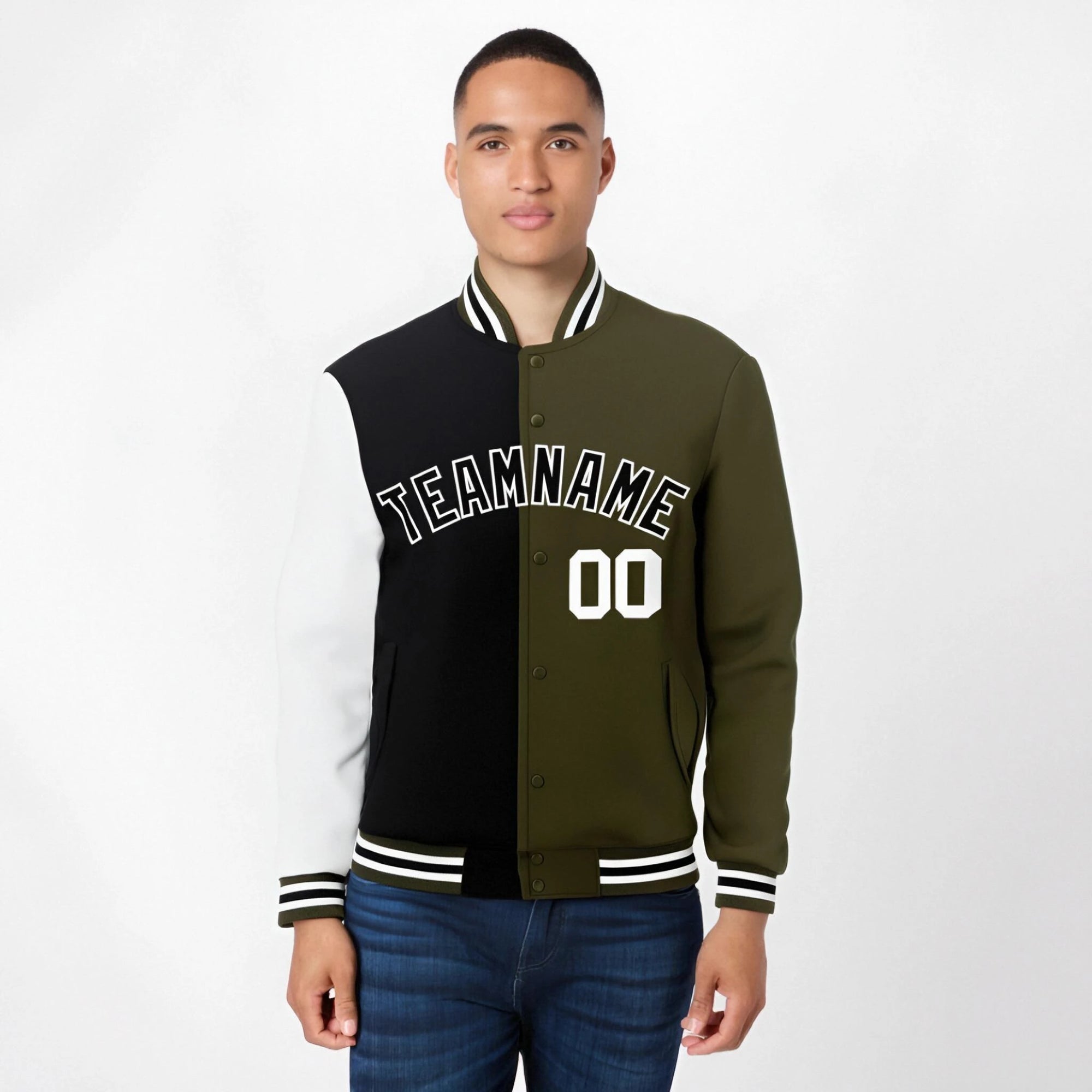 Custom Black Olive White Bomber Full-Snap Varsity Letterman Split Fashion Jacket