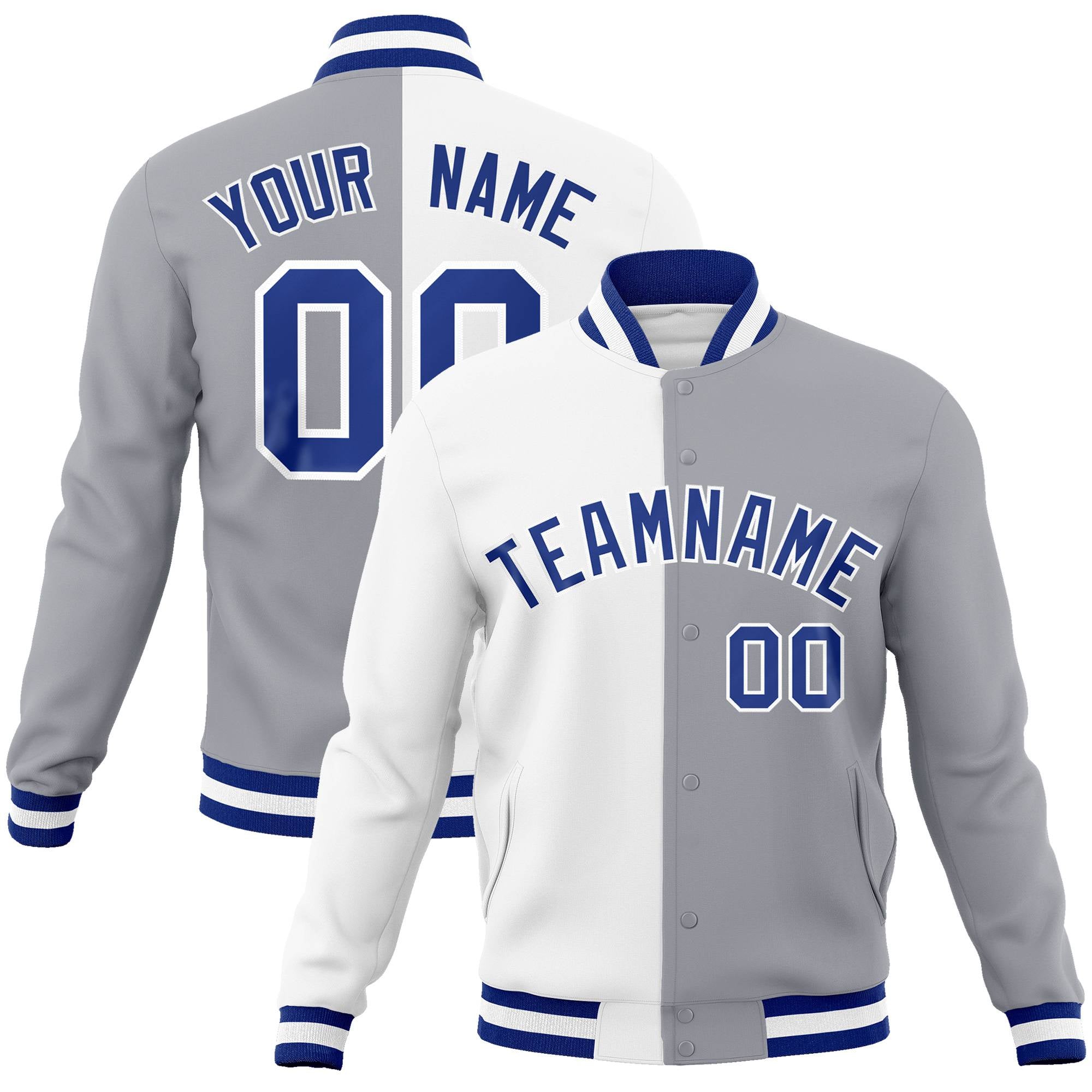 Custom White Gray Blue Bomber Full-Snap Varsity Letterman Split Fashion Jacket