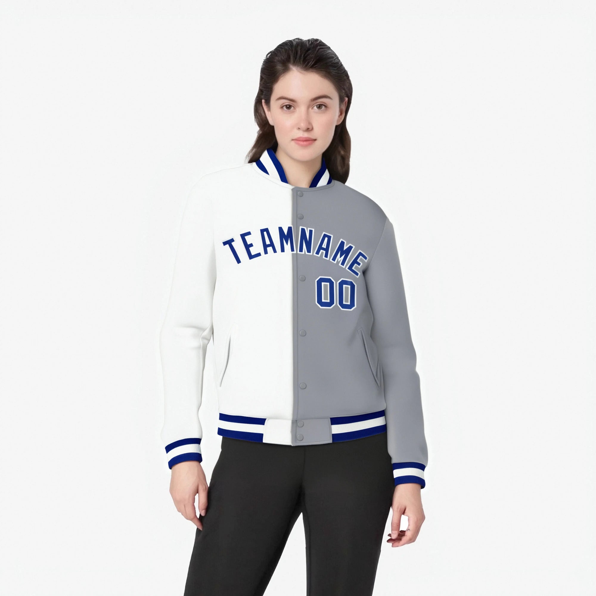 Custom White Gray Blue Bomber Full-Snap Varsity Letterman Split Fashion Jacket