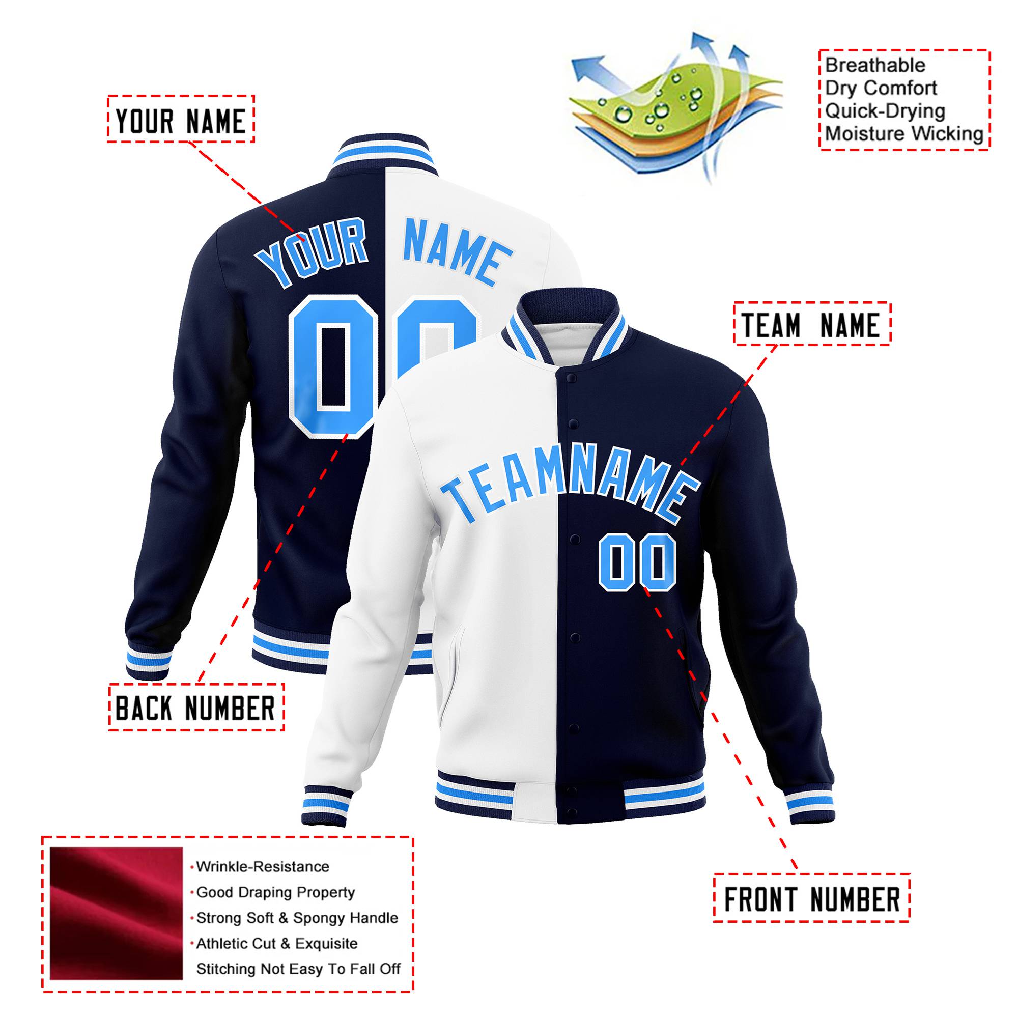 Custom White Navy Light-Blue Bomber Full-Snap Varsity Letterman Split Fashion Jacket