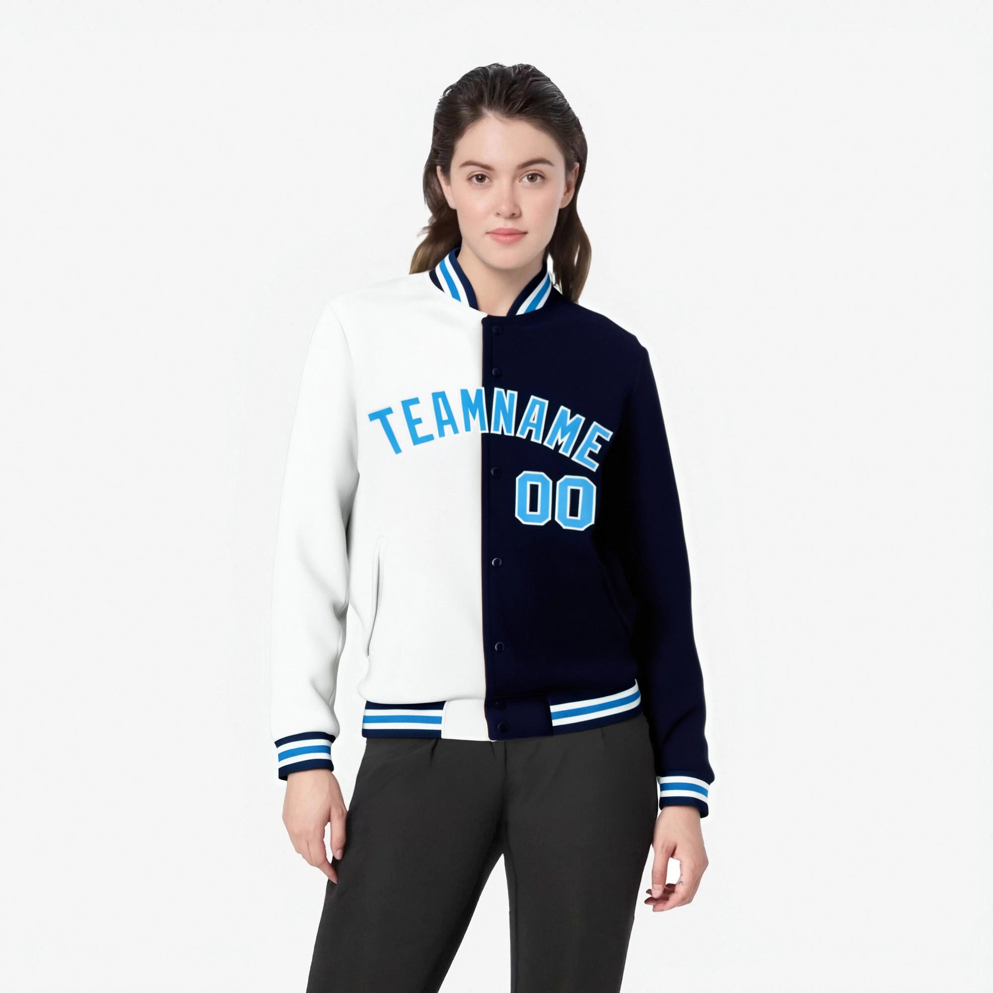 Custom White Navy Light-Blue Bomber Full-Snap Varsity Letterman Split Fashion Jacket