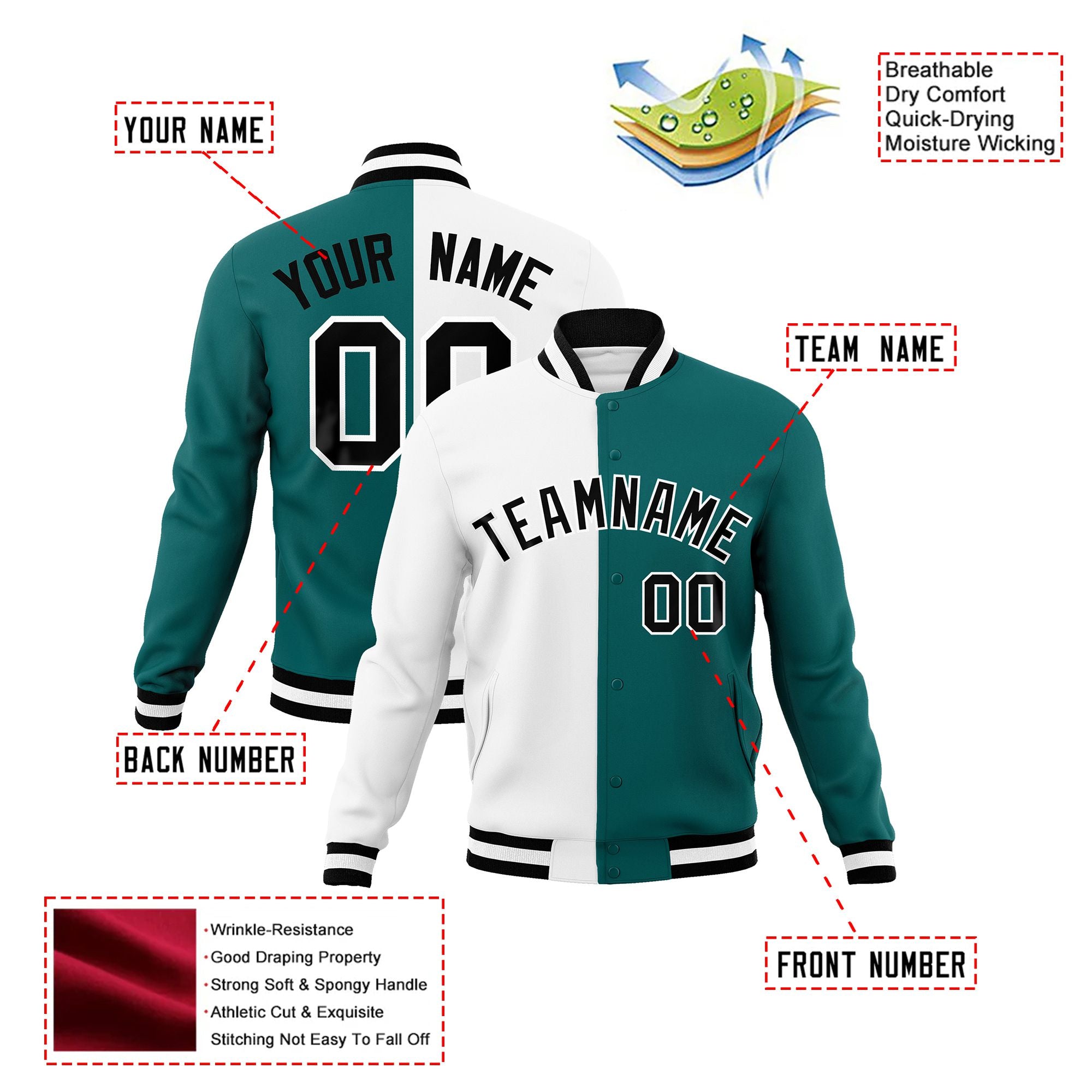 Custom White Aqua Black Bomber Full-Snap Varsity Letterman Split Fashion Jacket