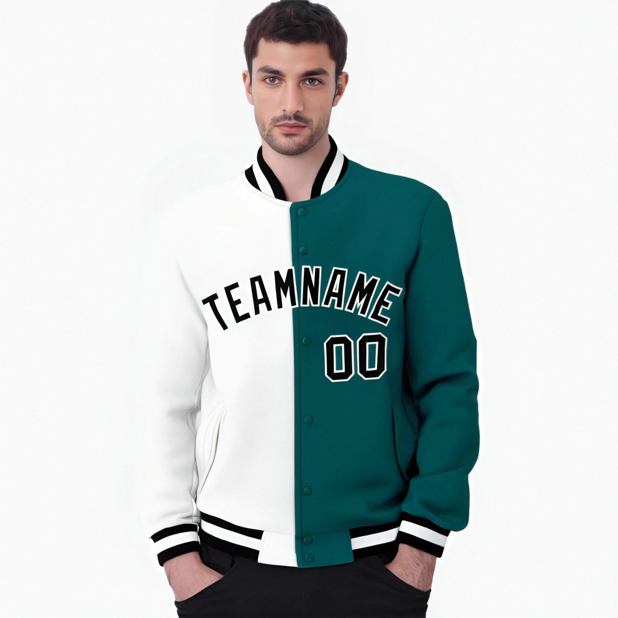 Custom White Aqua Black Bomber Full-Snap Varsity Letterman Split Fashion Jacket