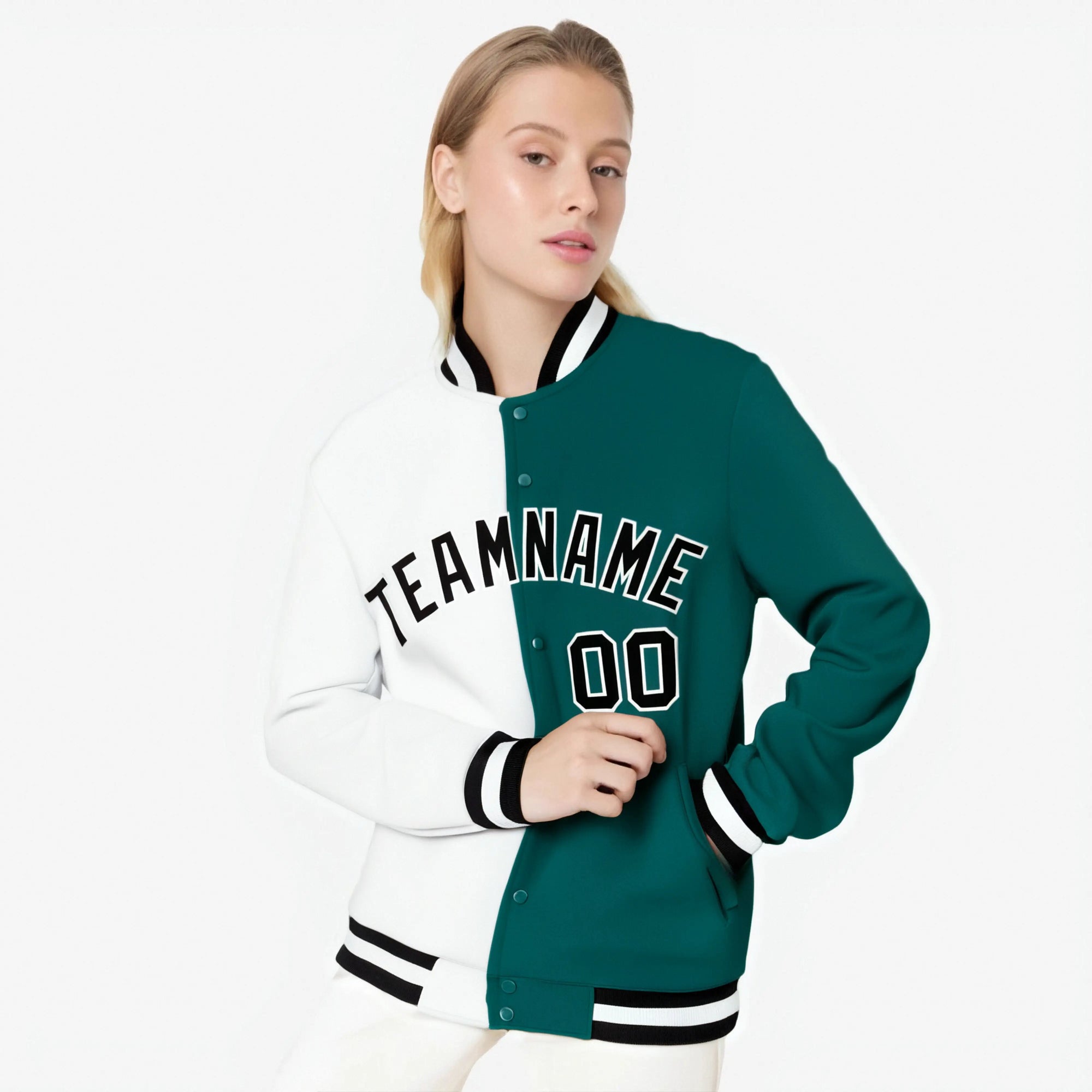 Custom White Aqua Black Bomber Full-Snap Varsity Letterman Split Fashion Jacket