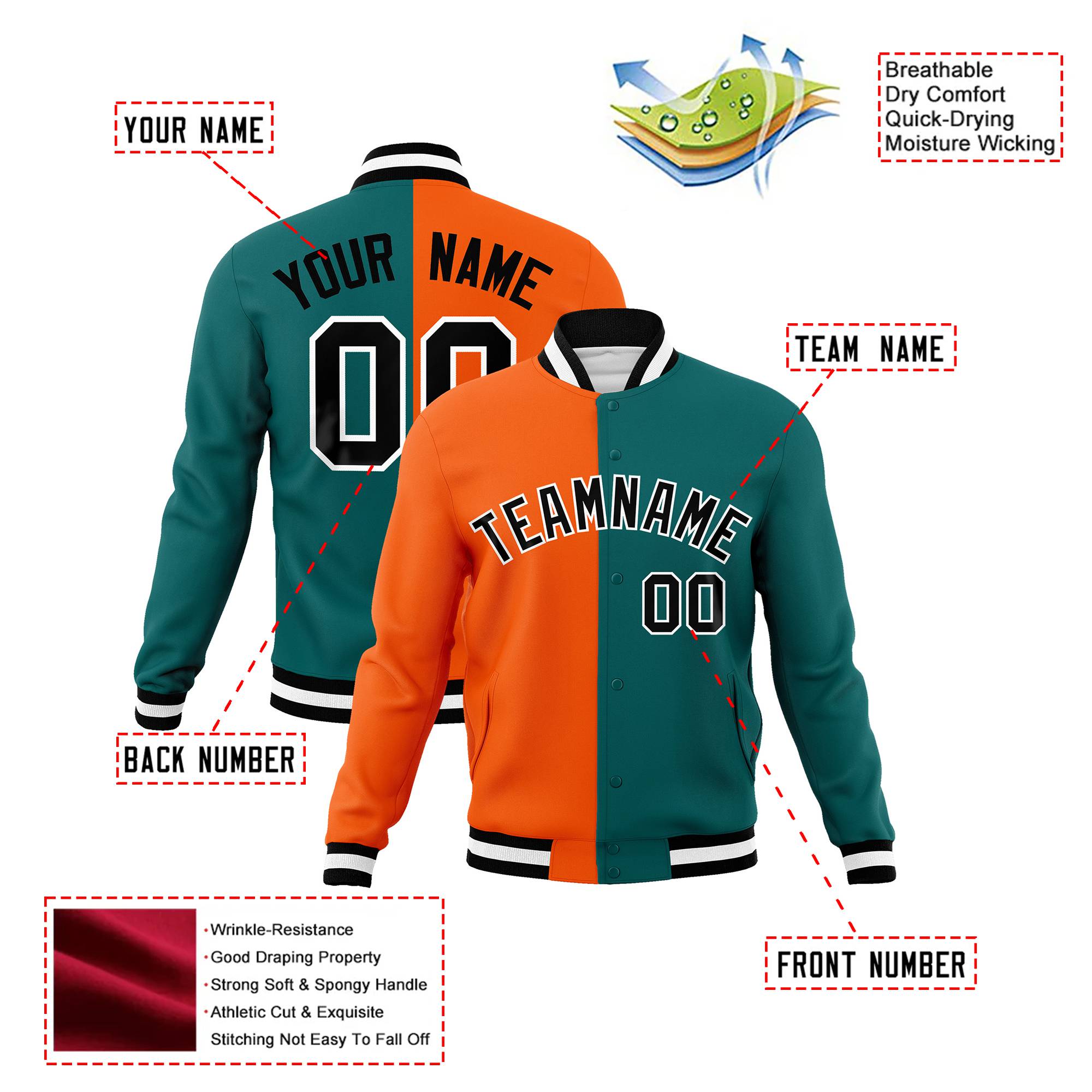 Custom Orange Aqua Black-White Bomber Full-Snap Varsity Letterman Split Fashion Jacket