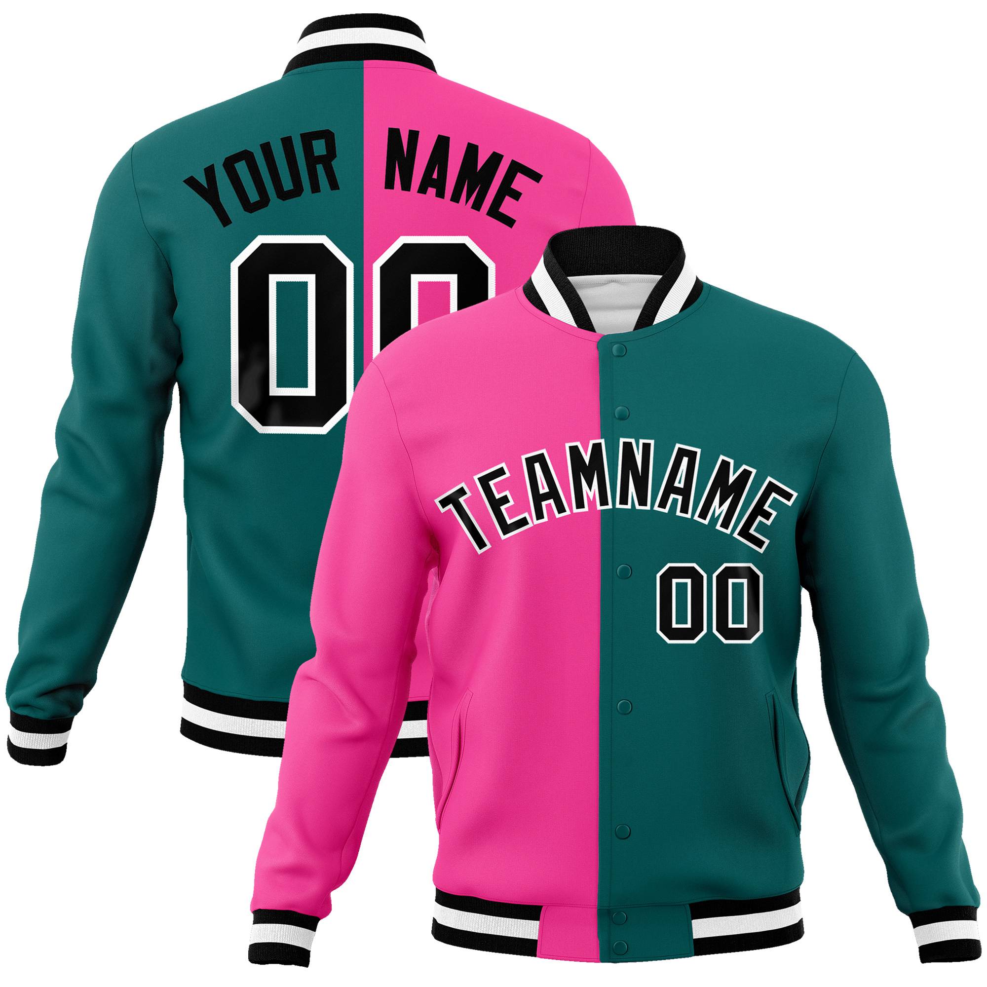 Custom Pink Aqua Black Bomber Full-Snap Varsity Letterman Split Fashion Jacket