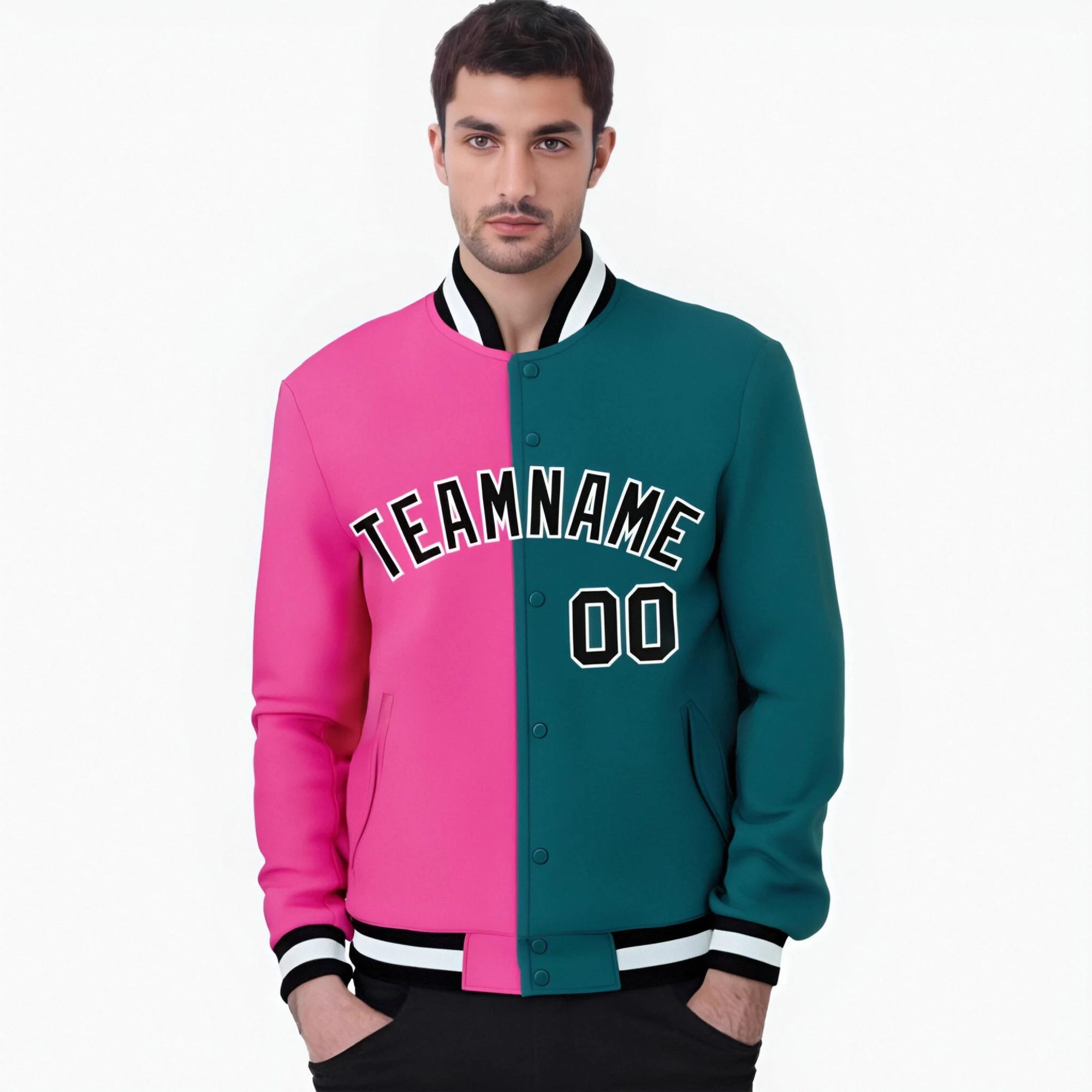 Custom Pink Aqua Black Bomber Full-Snap Varsity Letterman Split Fashion Jacket