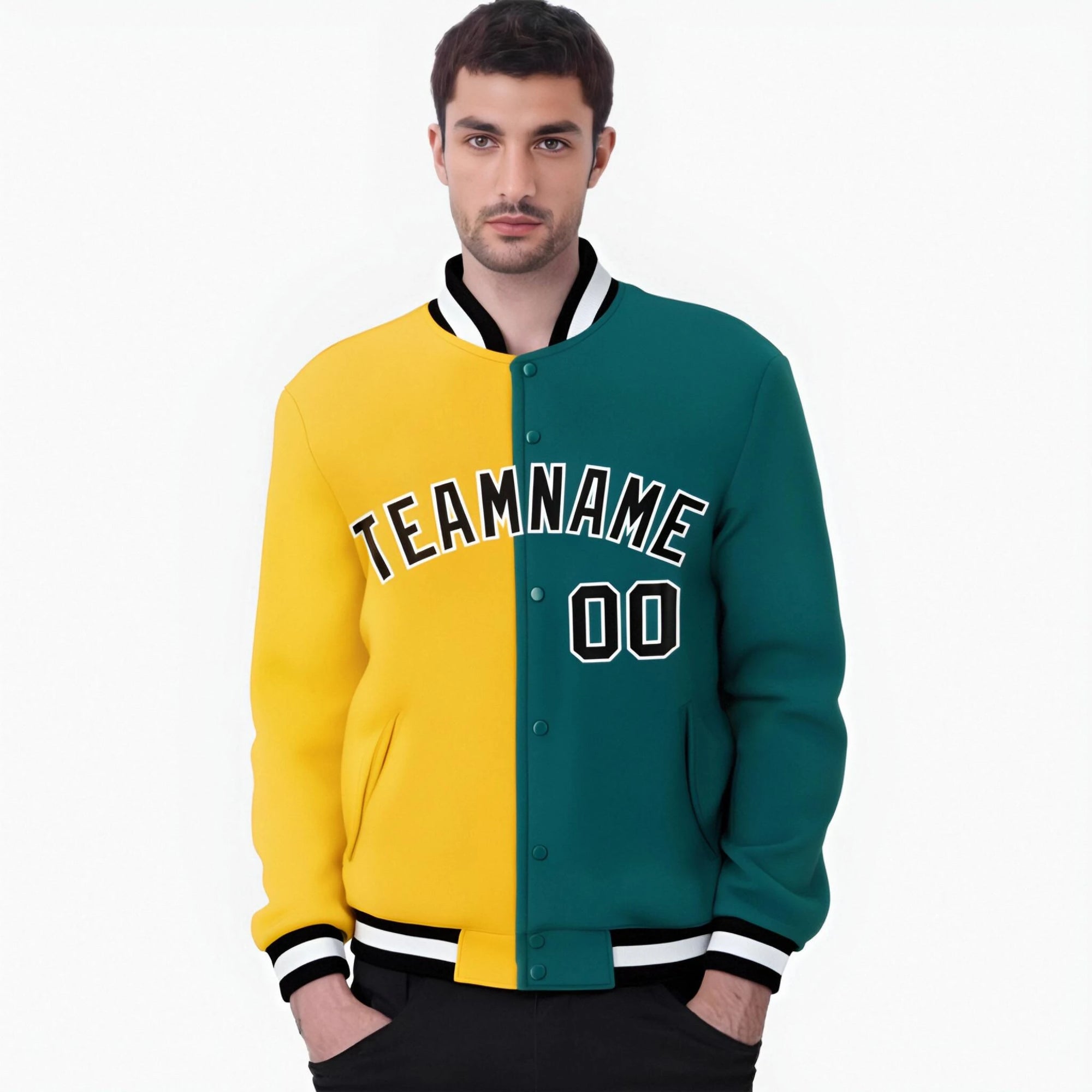 Custom Yellow Aqua Black Bomber Full-Snap Varsity Letterman Split Fashion Jacket