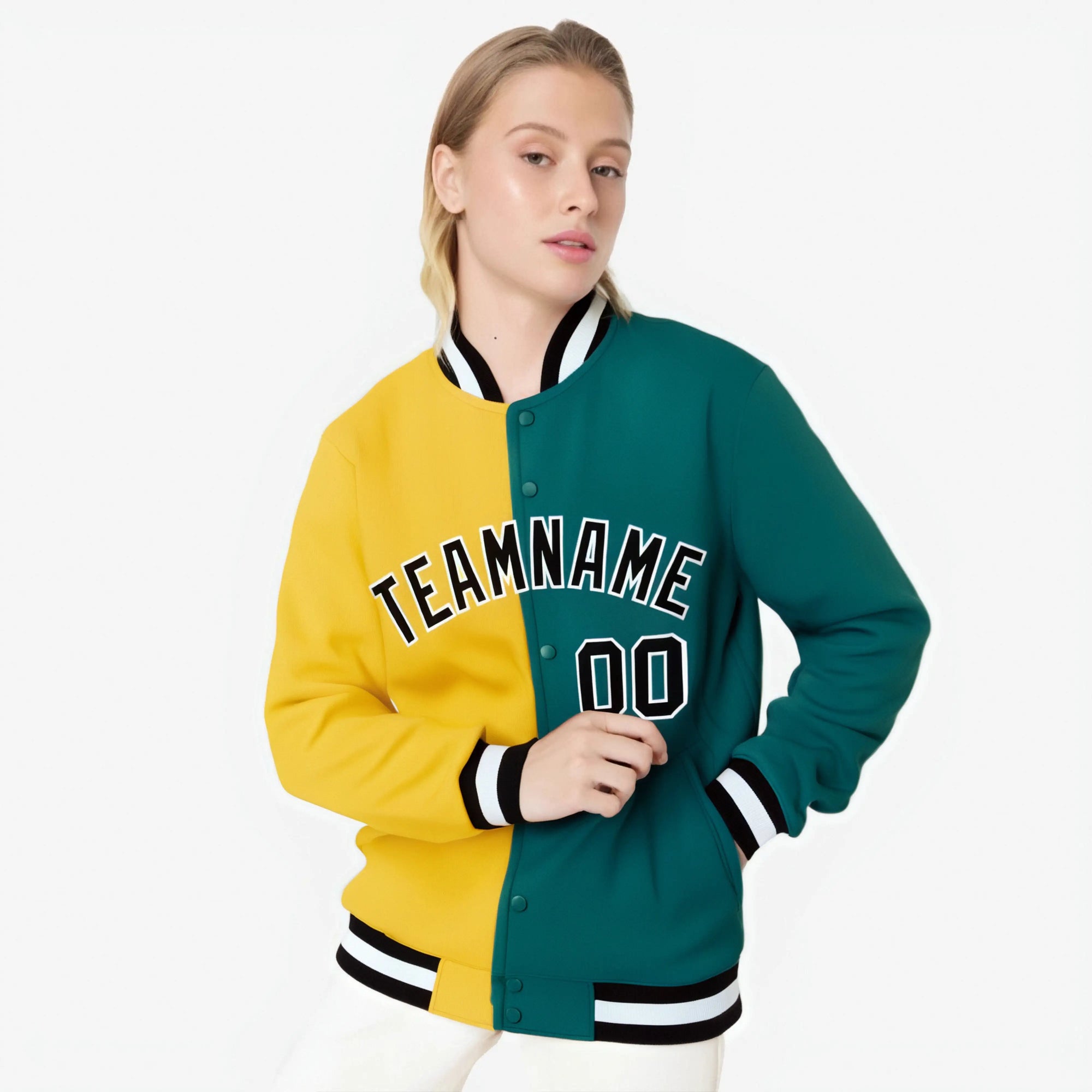 Custom Yellow Aqua Black Bomber Full-Snap Varsity Letterman Split Fashion Jacket