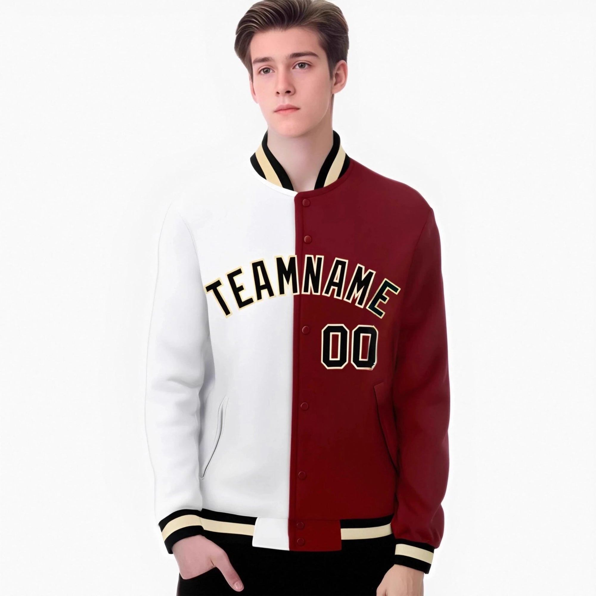 Custom White Burgundy Black-Gold Bomber Full-Snap Varsity Letterman Split Fashion Jacket