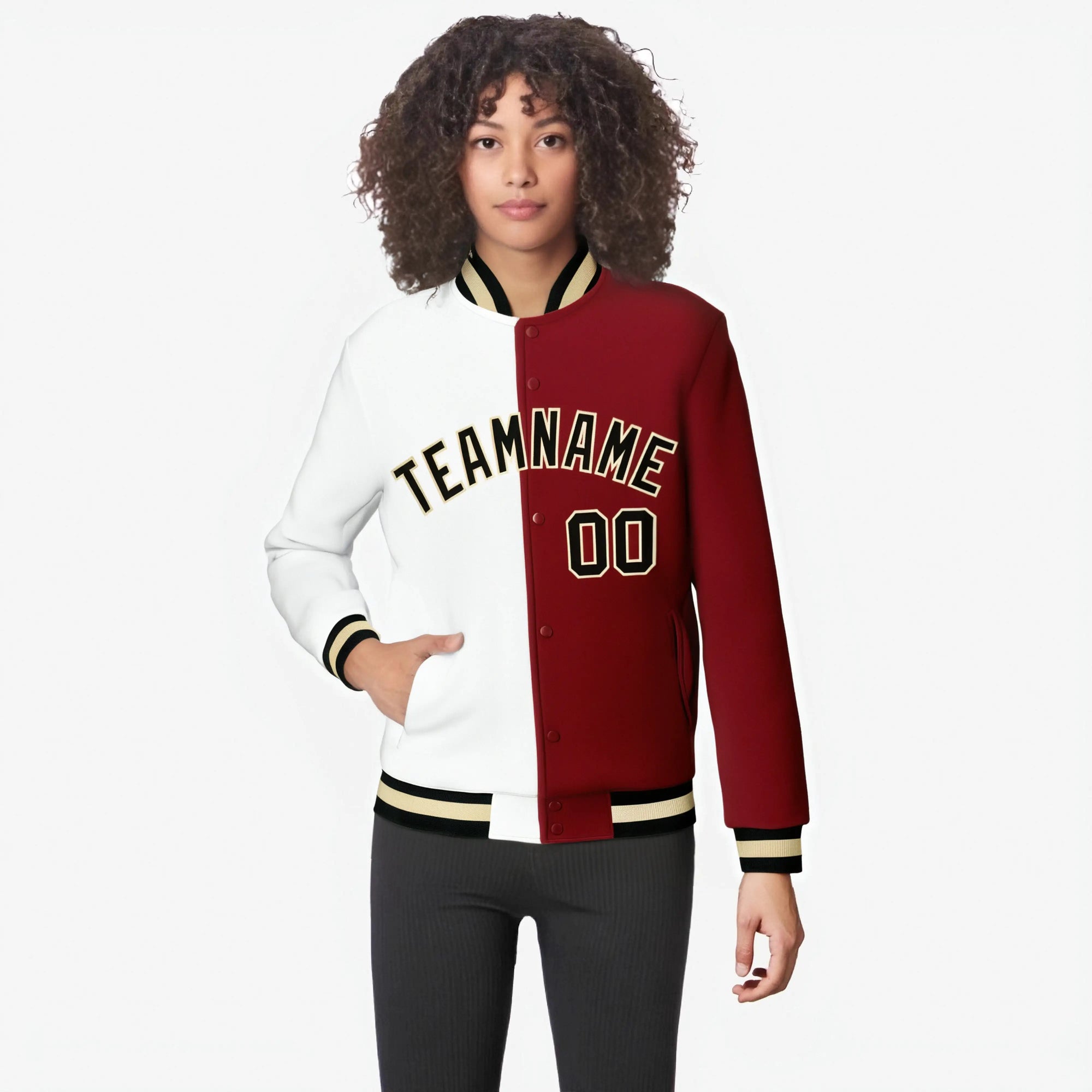 Custom White Burgundy Black-Gold Bomber Full-Snap Varsity Letterman Split Fashion Jacket