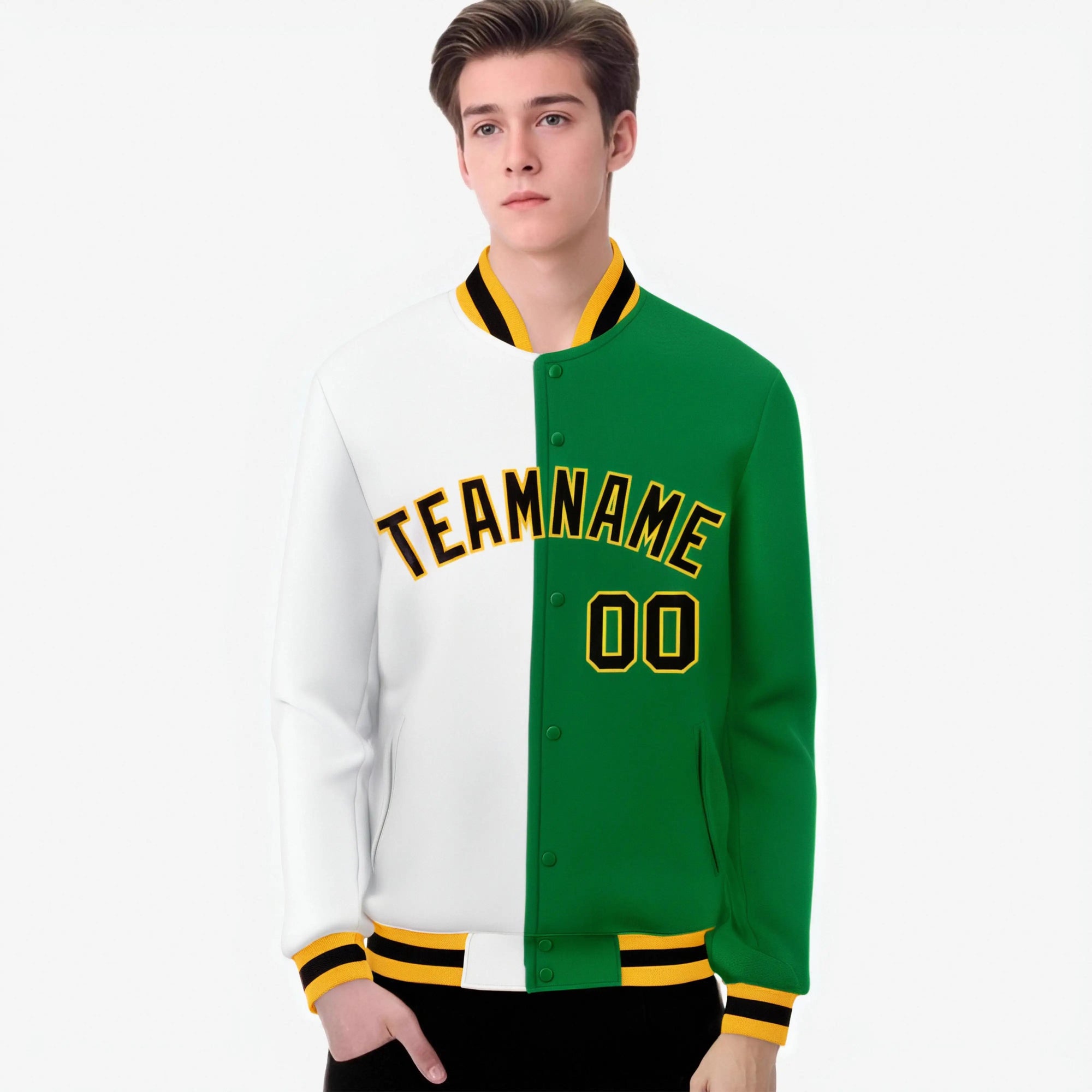 Custom White Neon-Green Black-Gold Bomber Full-Snap Varsity Letterman Split Fashion Jacket