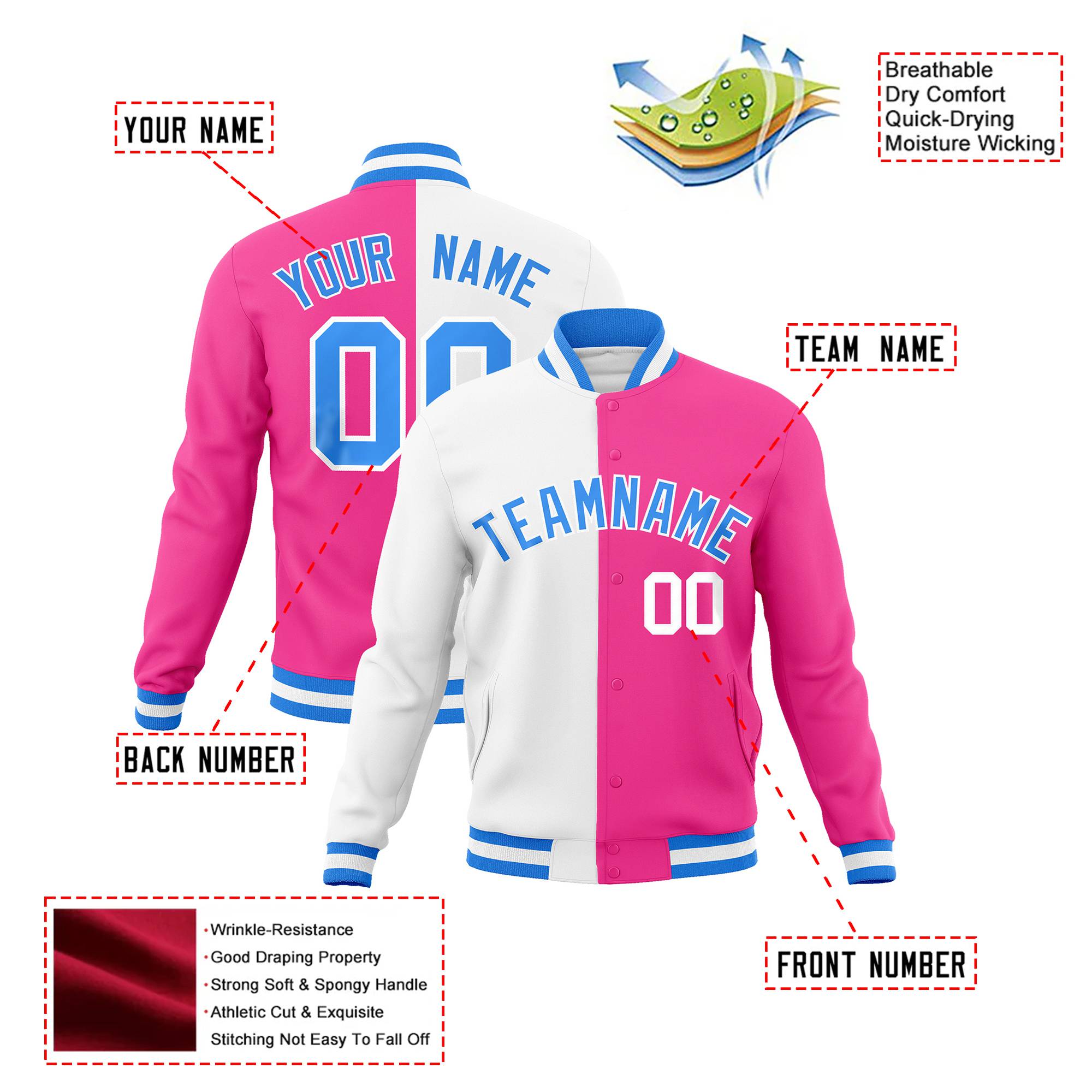 Custom White Pink Blue Bomber Full-Snap Varsity Letterman Split Fashion Jacket