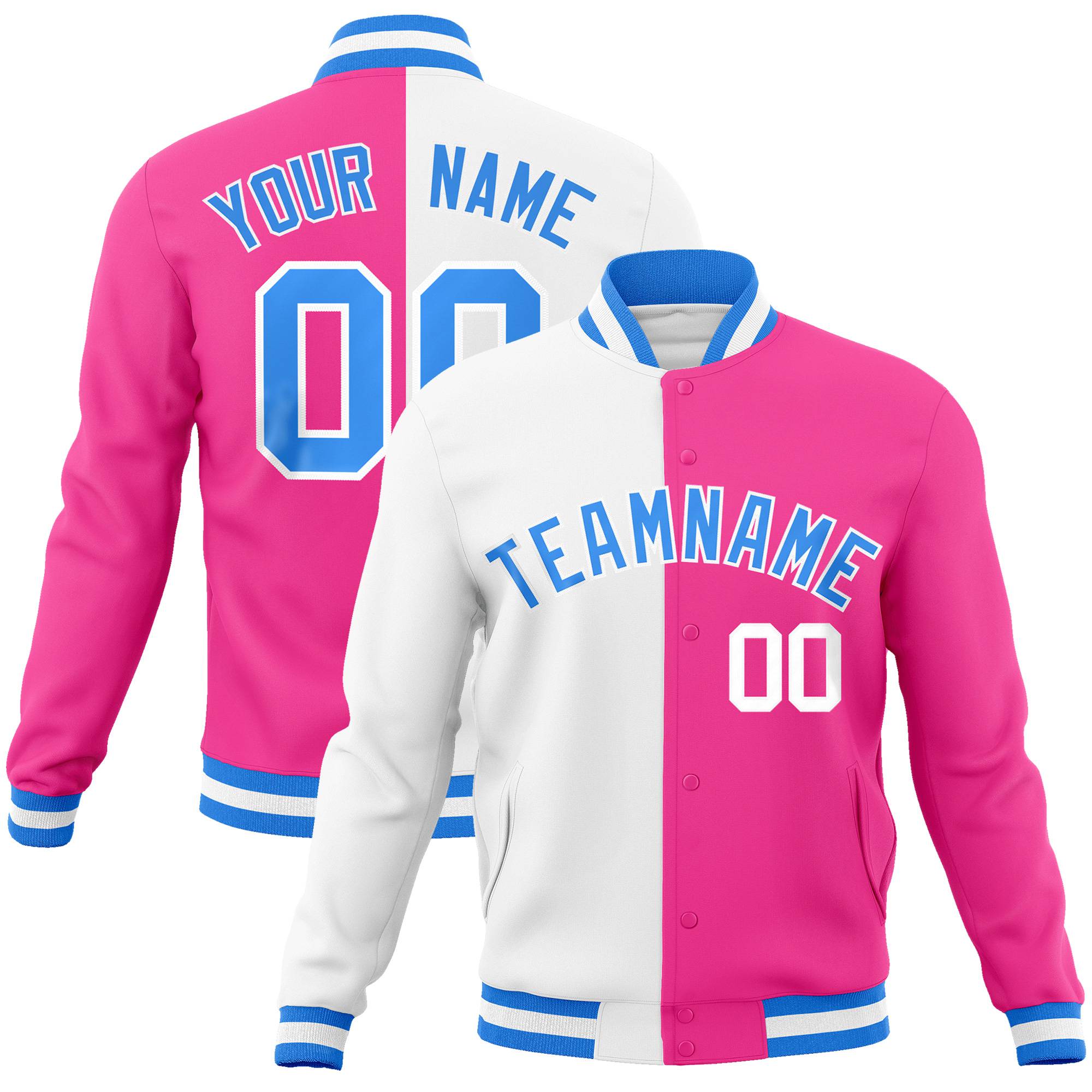 Custom White Pink Blue Bomber Full-Snap Varsity Letterman Split Fashion Jacket