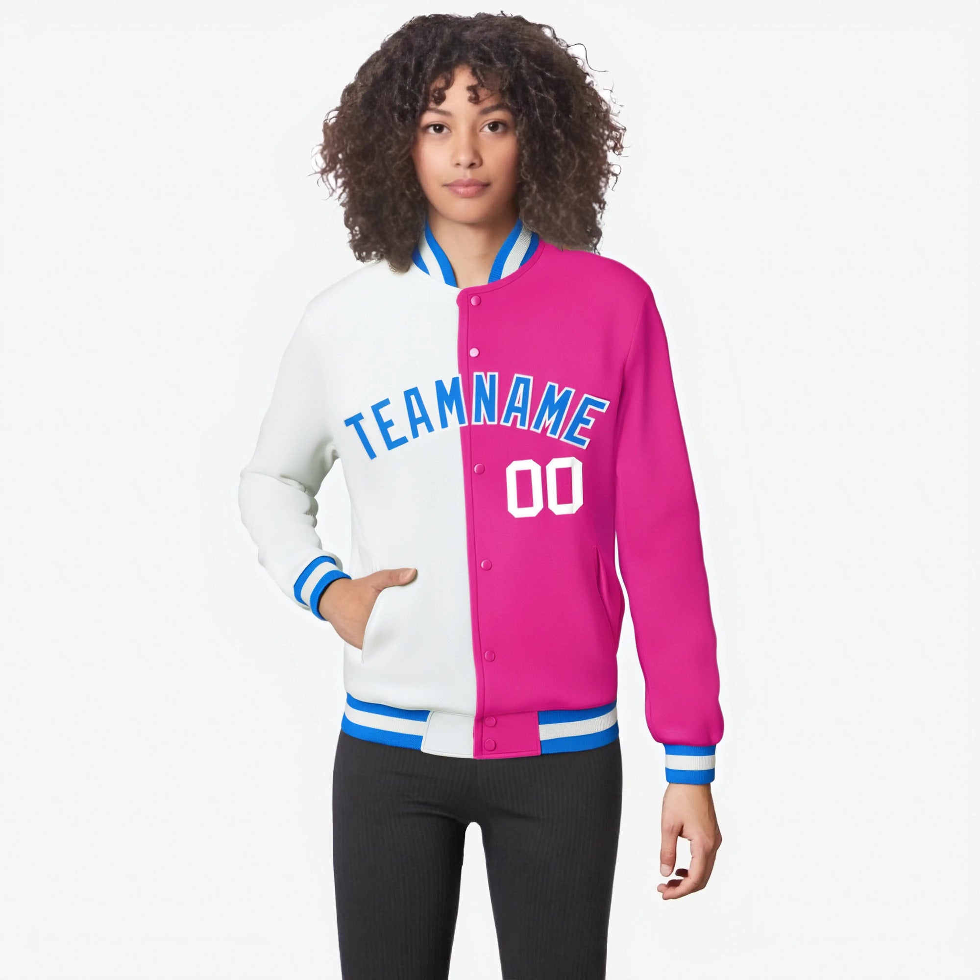 Custom White Pink Blue Bomber Full-Snap Varsity Letterman Split Fashion Jacket