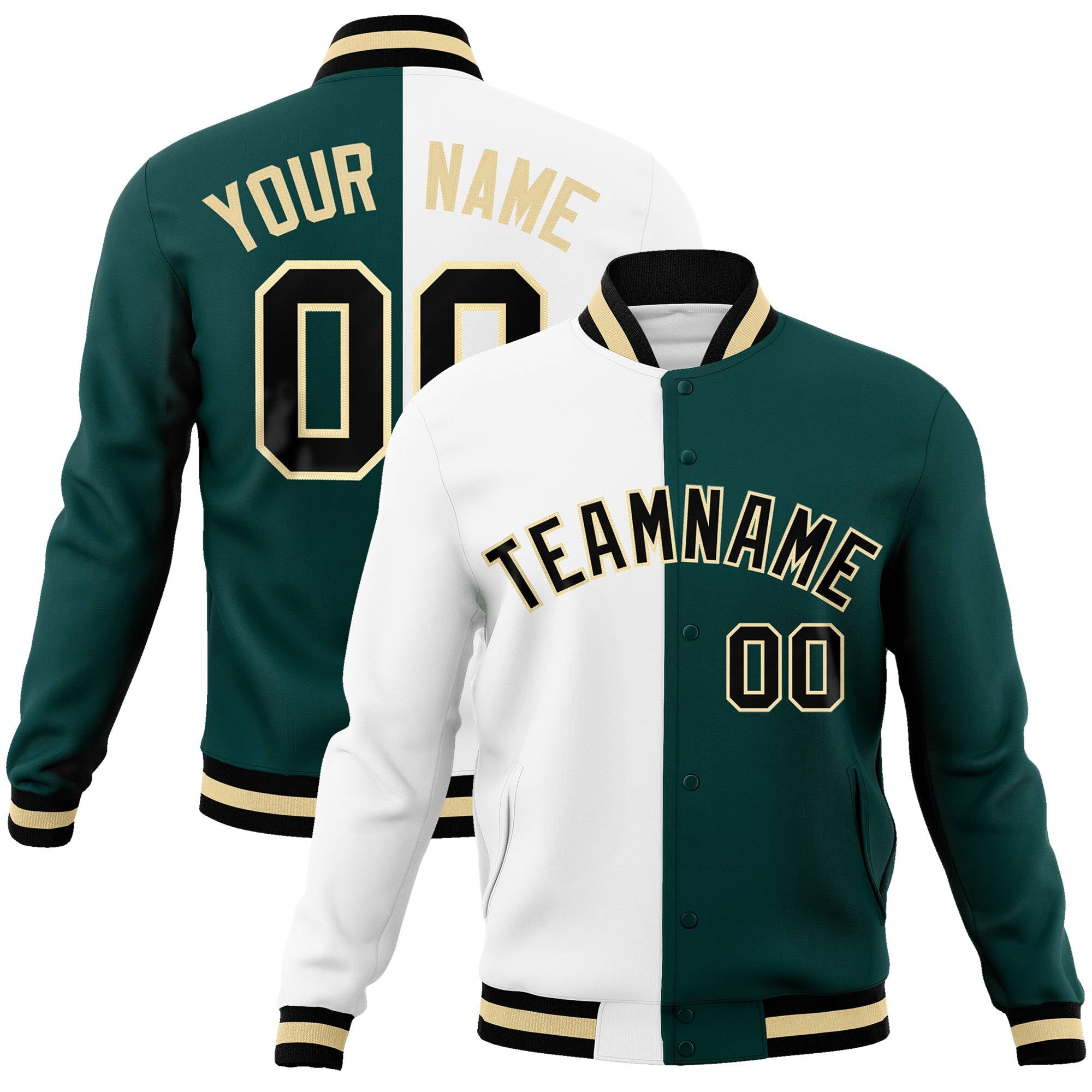 Custom White Midnight-Green Black Bomber Full-Snap Varsity Letterman Split Fashion Jacket