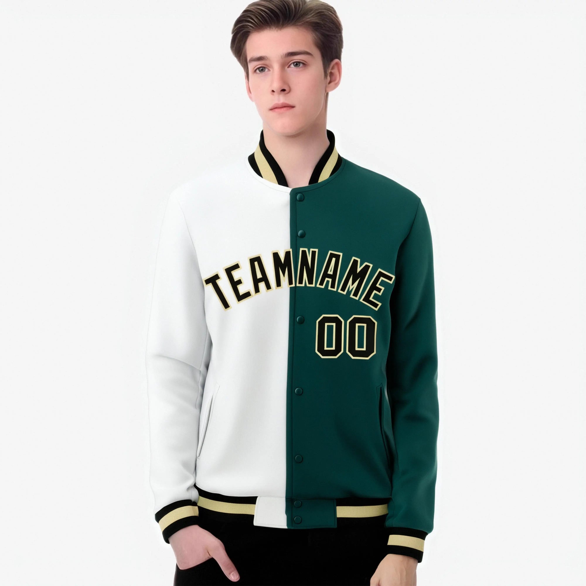 Custom White Midnight-Green Black Bomber Full-Snap Varsity Letterman Split Fashion Jacket