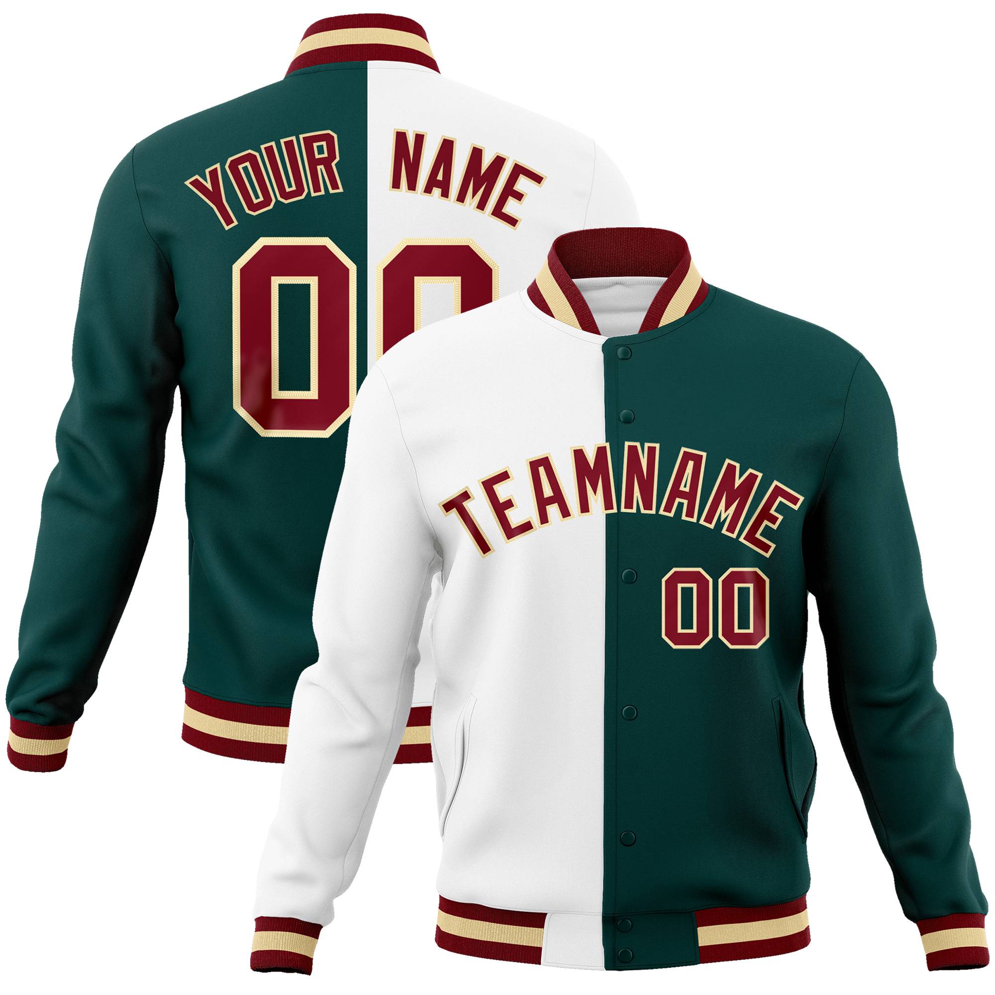 Custom White Midnight-Green Burgundy Bomber Full-Snap Varsity Letterman Split Fashion Jacket