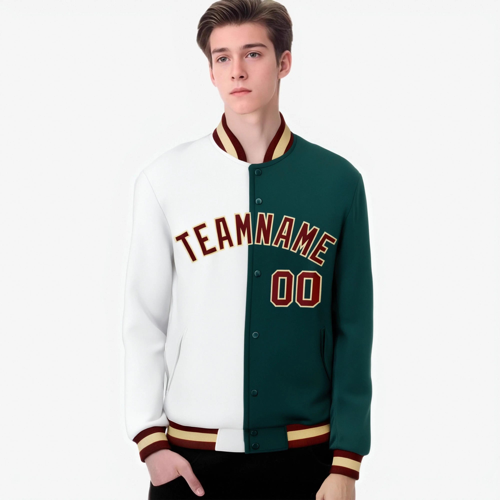 Custom White Midnight-Green Burgundy Bomber Full-Snap Varsity Letterman Split Fashion Jacket